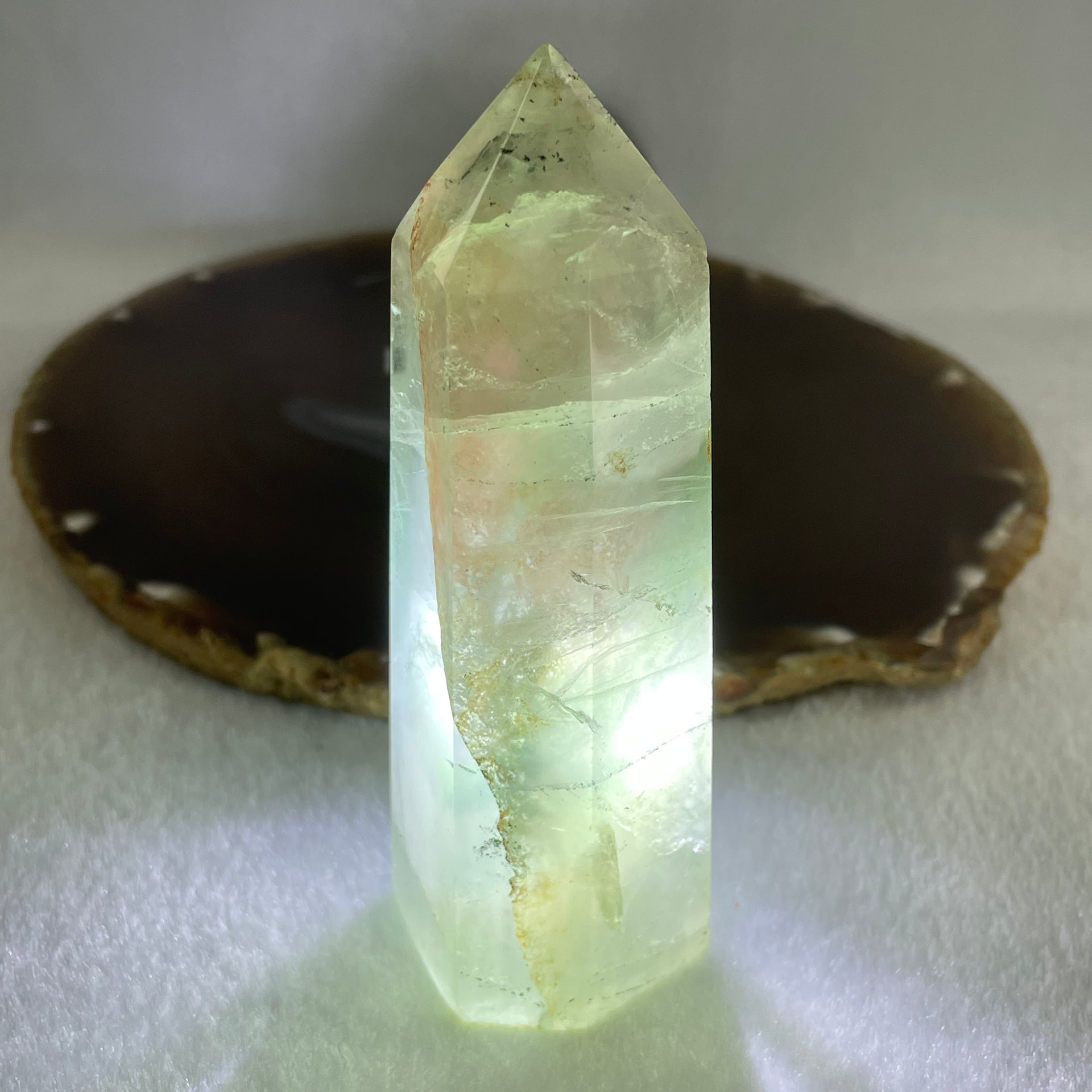 Natural Green and Orange Fluorite Quartz Tower Display 164.54g 96.5 by 35.9 by 30.5mm - Huangs Jadeite and Jewelry Pte Ltd