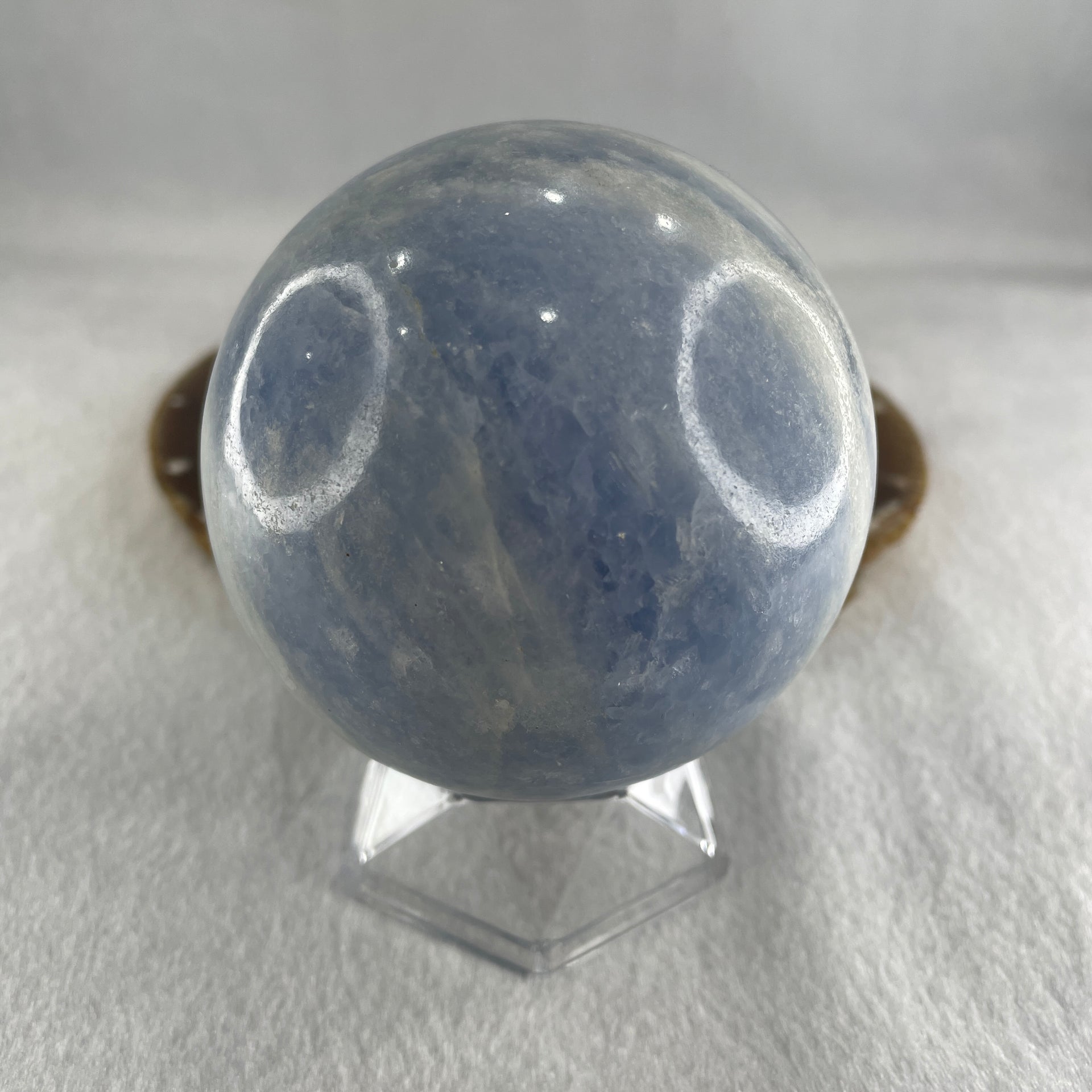 Natural Blue Calcite Ball with Clear Acrylic Display 662.31g 76.5 by 94.5mm - Huangs Jadeite and Jewelry Pte Ltd