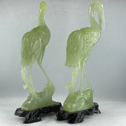 Natural Light Green Serpentine Pair of Cranes Bird with Wooden Stand Display 1,231.1g Each about 135.0 by 60.0 by 240.0mm - Huangs Jadeite and Jewelry Pte Ltd