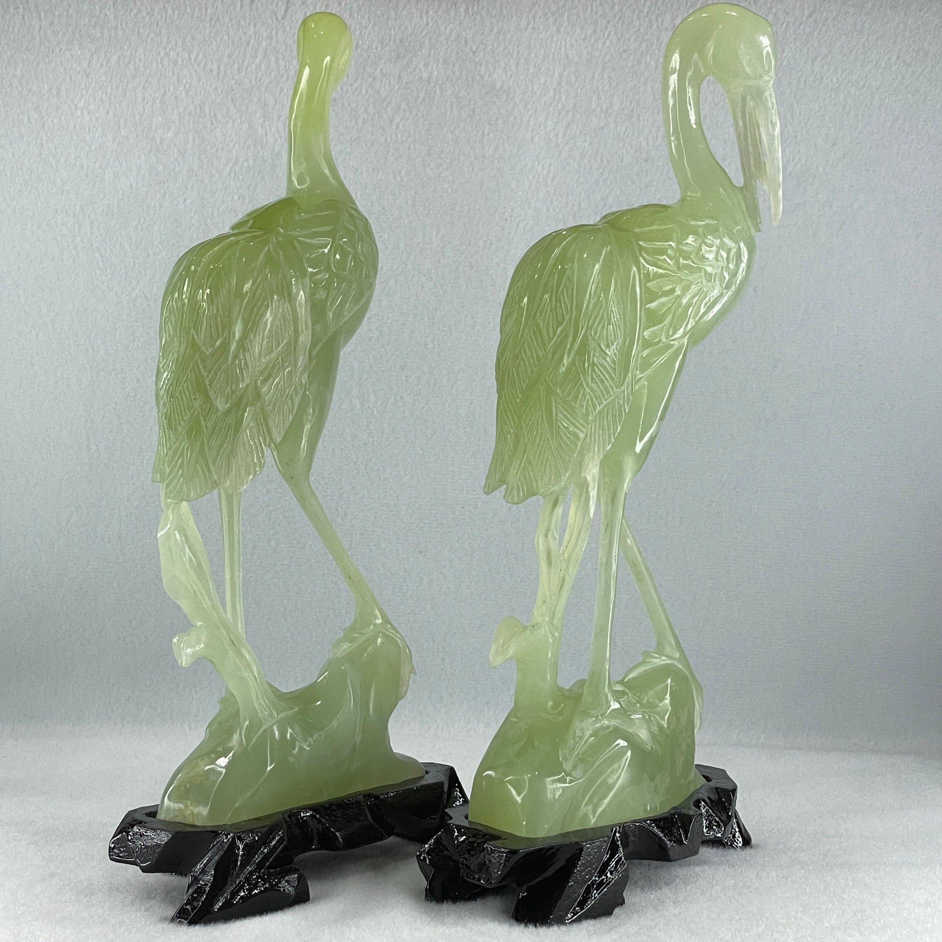 Natural Light Green Serpentine Pair of Cranes Bird with Wooden Stand Display 1,231.1g Each about 135.0 by 60.0 by 240.0mm - Huangs Jadeite and Jewelry Pte Ltd