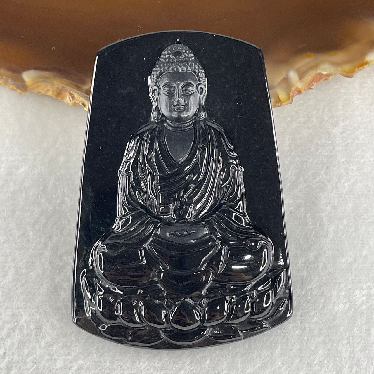 Wisdom, Peace and Good Fortune - Certified Natural Type A Black Omphacite Jadeite Meditating Buddha Pendant 27.11g 59.0 by 40.7 by 9.1mm