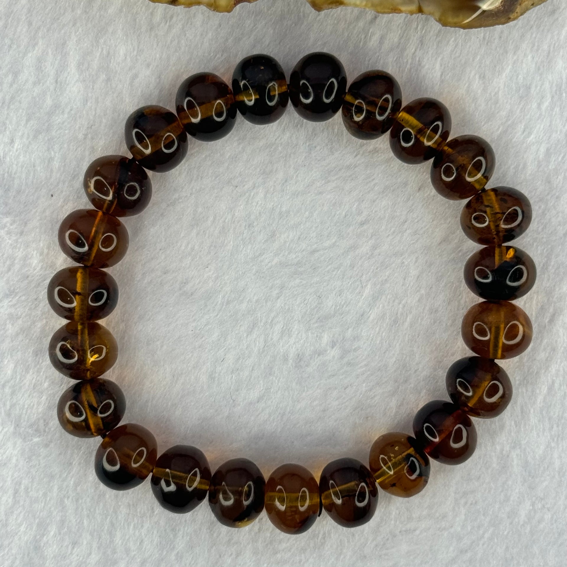 Natural Dark Brownish Yellow Flower Amber Beads Bracelet 天然顺琥珀手链 12.50g 17cm 10.7mm 23 Beads - Huangs Jadeite and Jewelry Pte Ltd