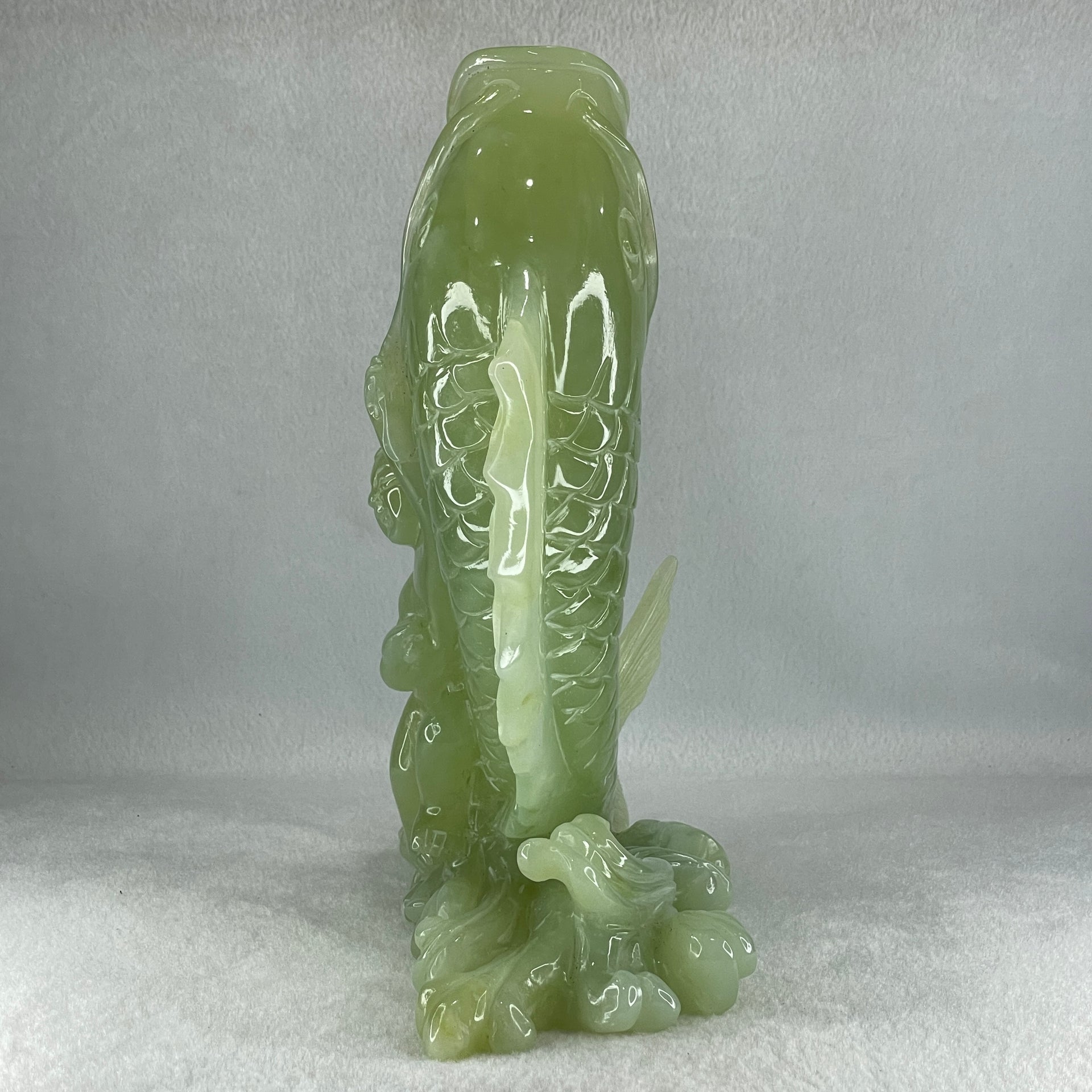 Natural Green Serpentine Carp Fish with Gui ren and Lotus with Wooden Stand Display 2277.9g 215.0 by 120.0 by 250.0mm - Huangs Jadeite and Jewelry Pte Ltd