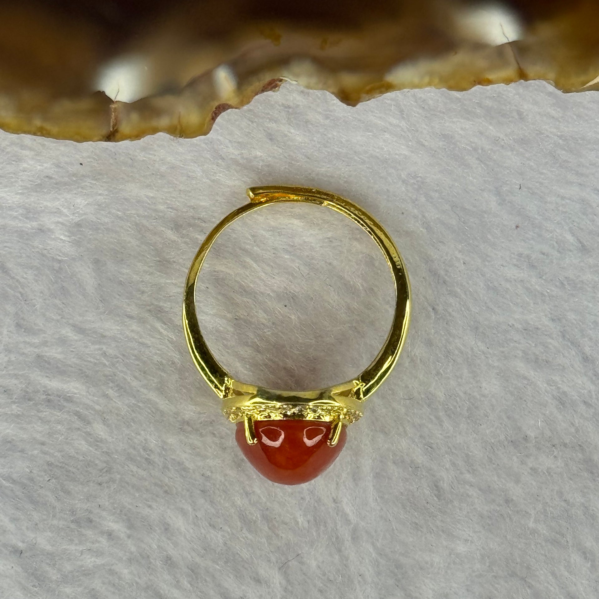 Natural Red Cinnabar in S925 Silver with Gold Color Ring (Adjustable Size) 红朱砂925银戒指 3.13g 13.2 by 10.2 by 6.5mm - Huangs Jadeite and Jewelry Pte Ltd