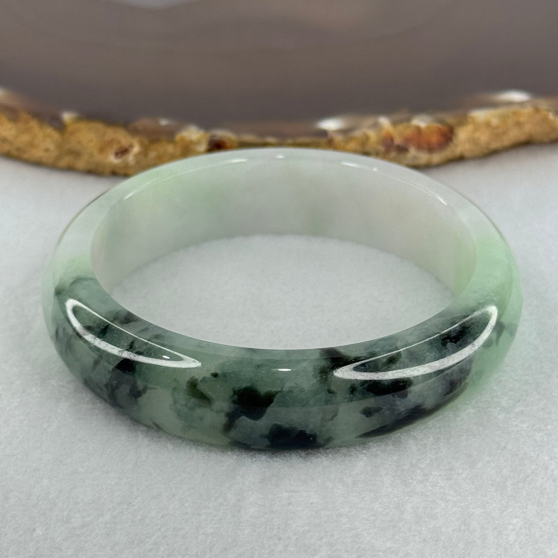 Type A Semi Icy Light Green Lavender with Moss Green Piao Hua Jadeite Bangle Internal Diameter 52.5mm 49.42g 14.0 by 7.2mm (Very Slight Internal Lines) - Huangs Jadeite and Jewelry Pte Ltd