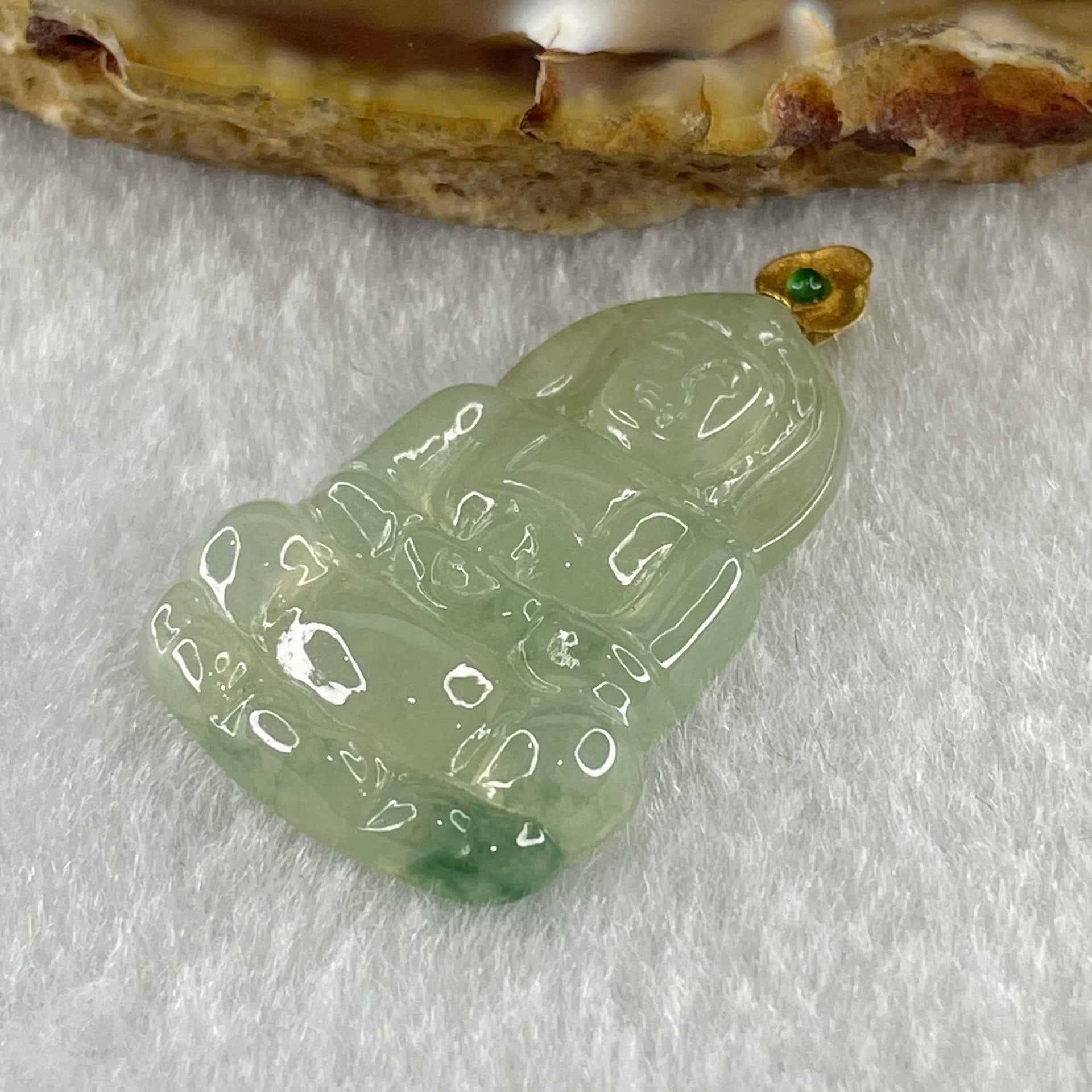 18K 750 Yellow Gold Type A Natural Icy Light Green with Blueish Green Piao Hua Flora Jadeite Guan Yin Pendant 3.58g 27.3 by 19.1 by 3.8mm - Huangs Jadeite and Jewelry Pte Ltd