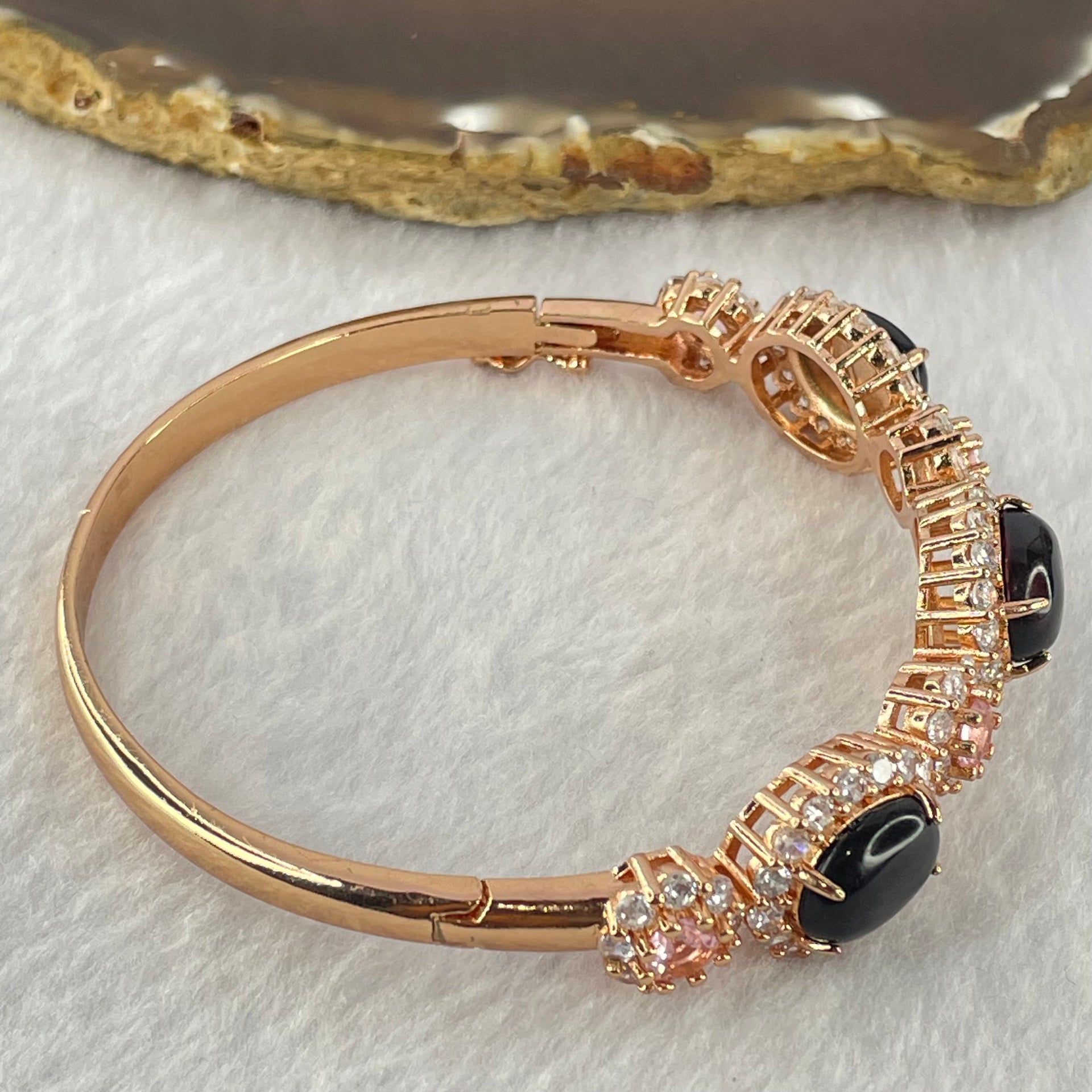 Natural Dark Blood Red Amber with Crystal in Rose Gold Color Bangle 26.43g 18cm 12.1 by 9.0 by 3.5mm 3pcs - Huangs Jadeite and Jewelry Pte Ltd