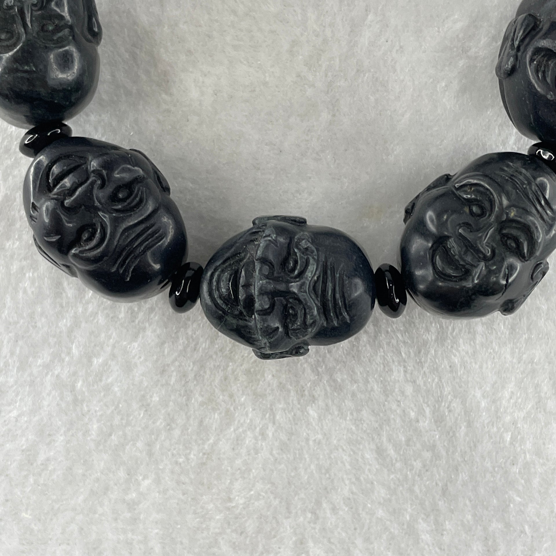 Type A Opaque Black Omphacite Jadeite Eighteen Arhats or 18 Luohans  十八羅漢 Head Beads Bracelet 101.90g 16cm 19.9mm 9 Beads - Huangs Jadeite and Jewelry Pte Ltd