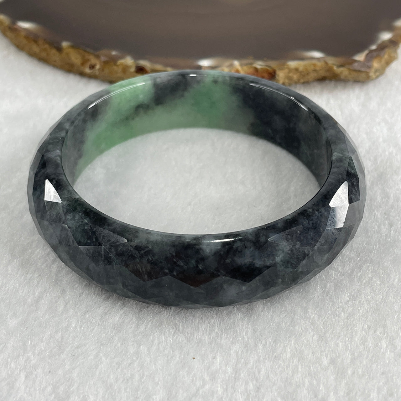Natural Type A Faceted Wuji Grey with High End Green Patches Jadeite Bangle 82.26g Inner Diameter 60.7mm Thickness 16.8 by 12.0mm (Very Very Slight Internal Lines)