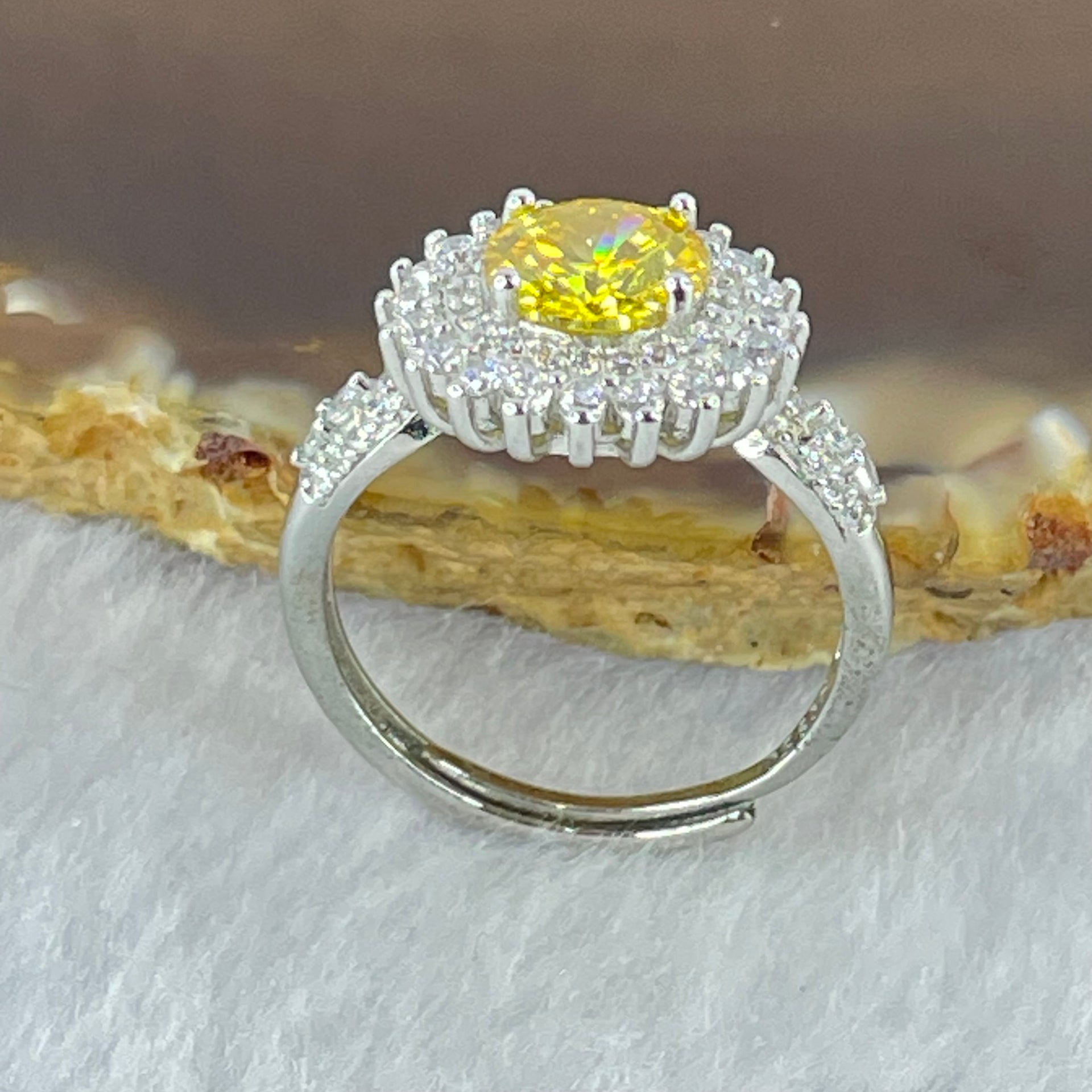 Yellow Cubic Zirconia with Crystals in PT950 Plated Sliver Ring 2.75g 7.5 by 3.5mm - Huangs Jadeite and Jewelry Pte Ltd
