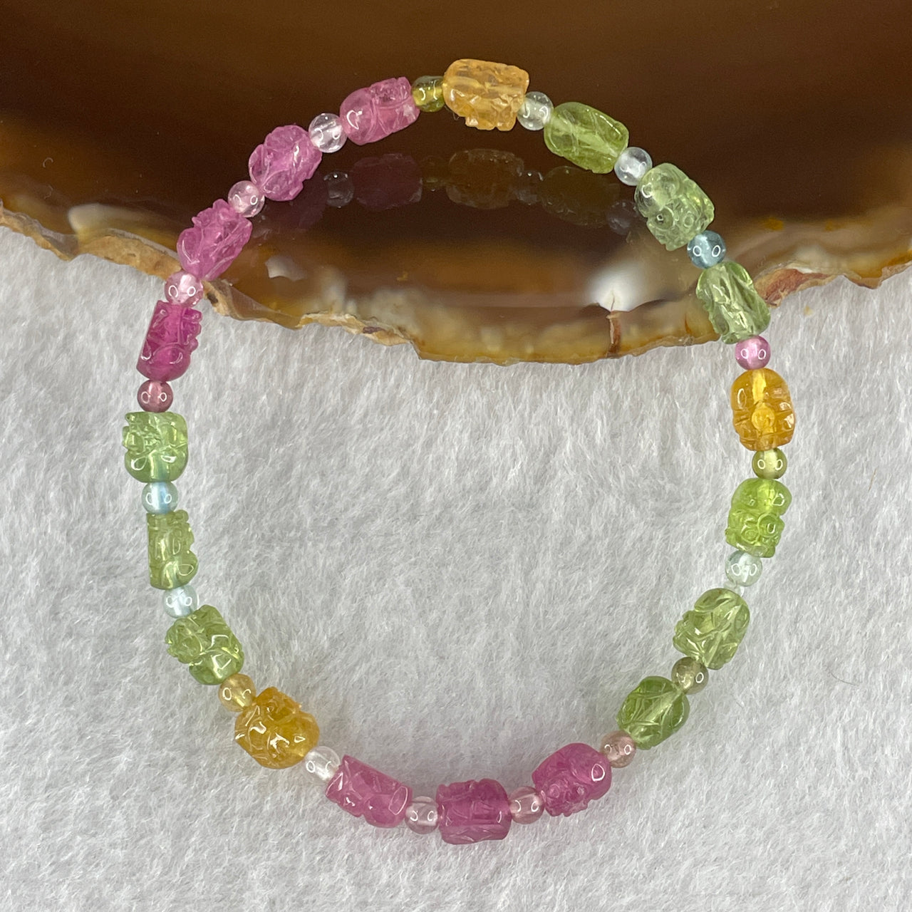 Very Good Grade Natural Rainbow Tourmaline Pixiu Beads Bracelet 4.30g 13.5cm 4.5mm 19 Beads