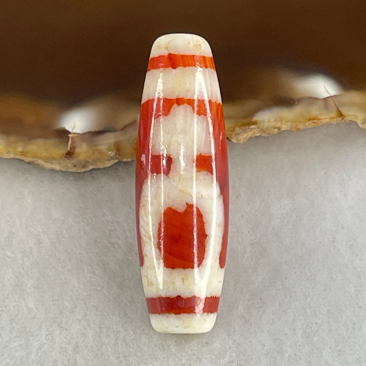 Natural Powerful Tibetan Old Oily Red White Agate 2 Nectar Vessel Dzi Bead Heavenly Master (Tian Zhu) 花蜜容器天珠 8.00g 37.9 by 11.9mm - Huangs Jadeite and Jewelry Pte Ltd