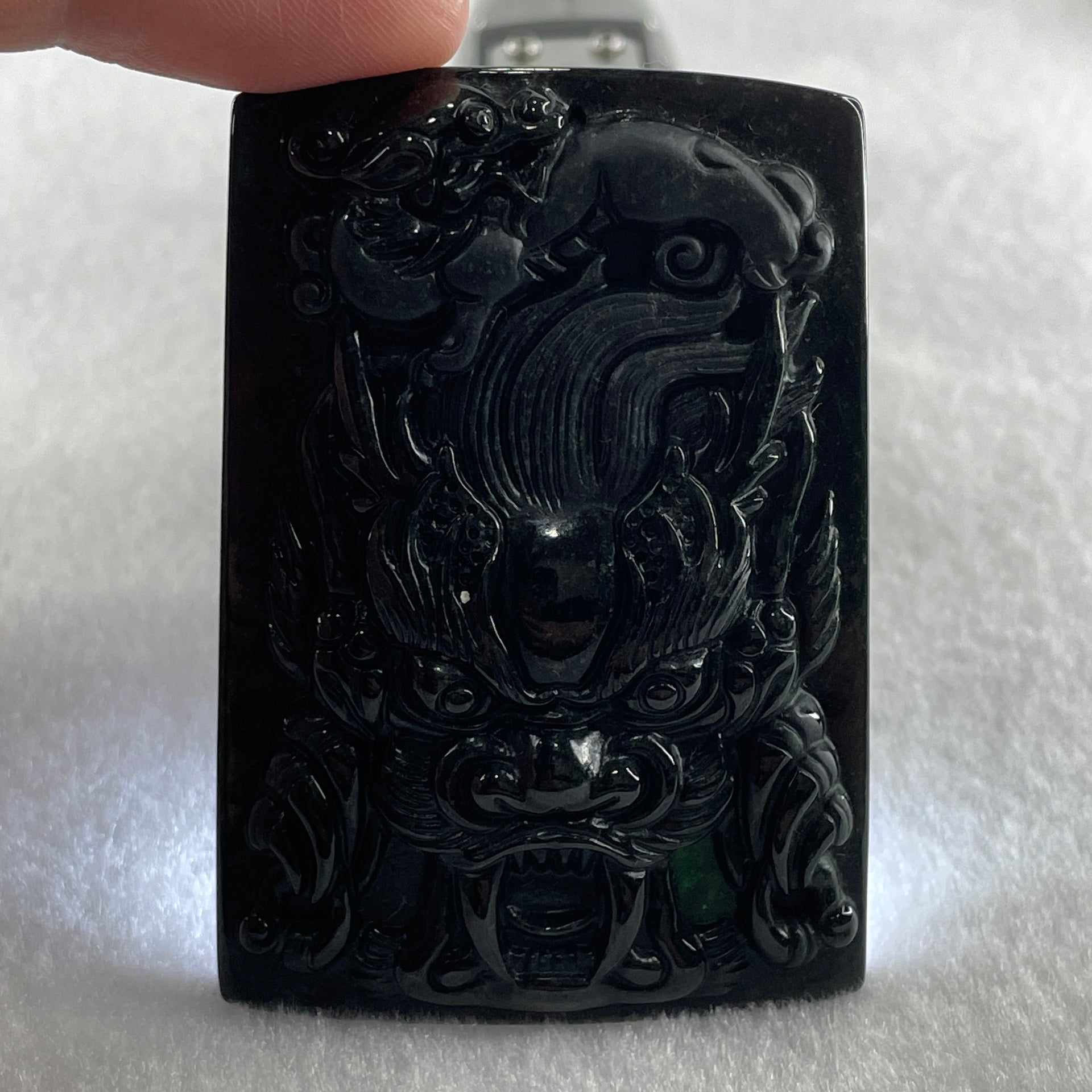 Type A Opaque to Partial Translucent Black Omphacite Jadeite Dragon with pixiu Pendant 45.42g 66.0 by 45.5 by 9.2mm - Huangs Jadeite and Jewelry Pte Ltd