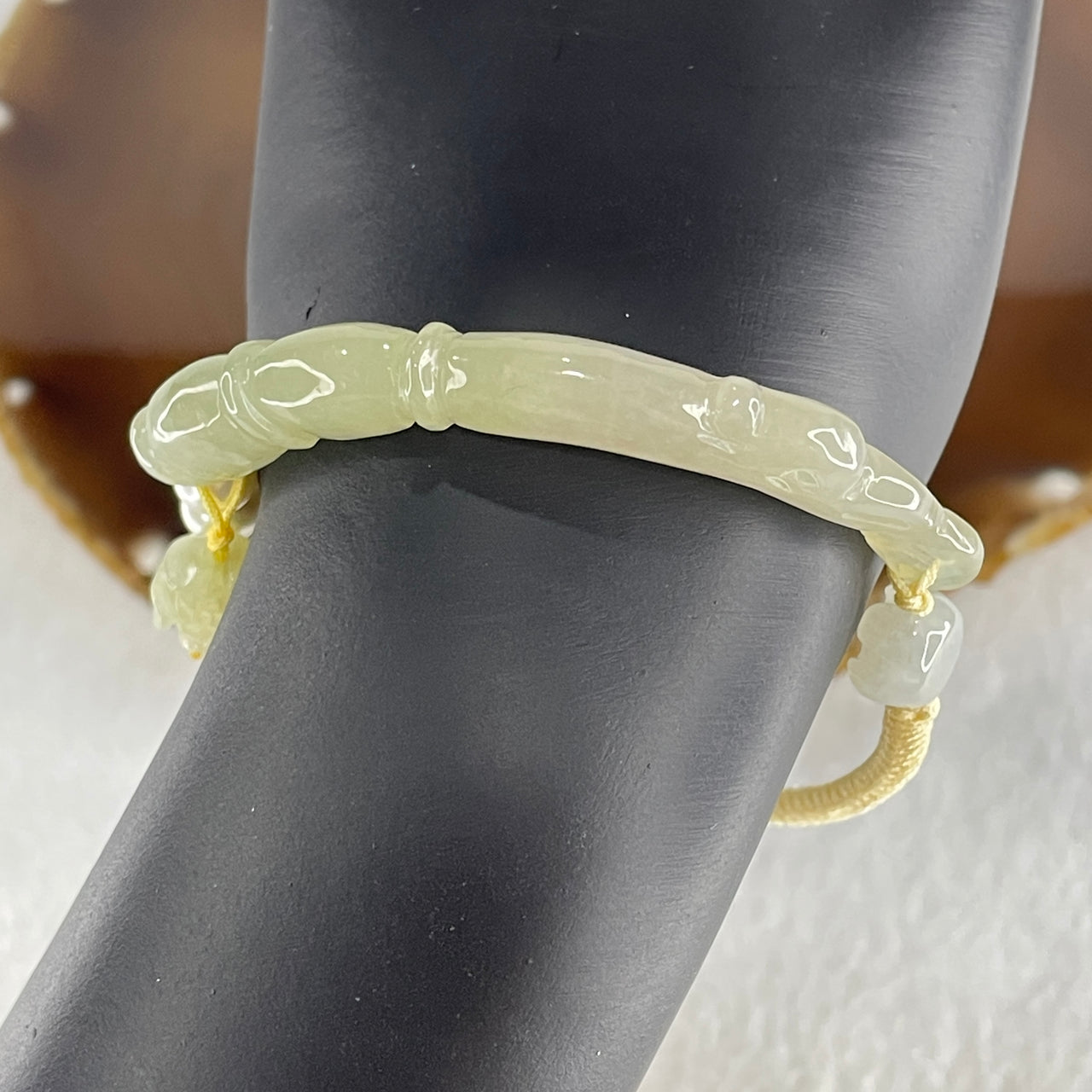 Natural Type A Semi Icy Light Green with Yellowish Jadeite Bamboo with Lotus Charm Bracelet 14.64g 15.5cm 6.18 by 7.5 by 8.2mm