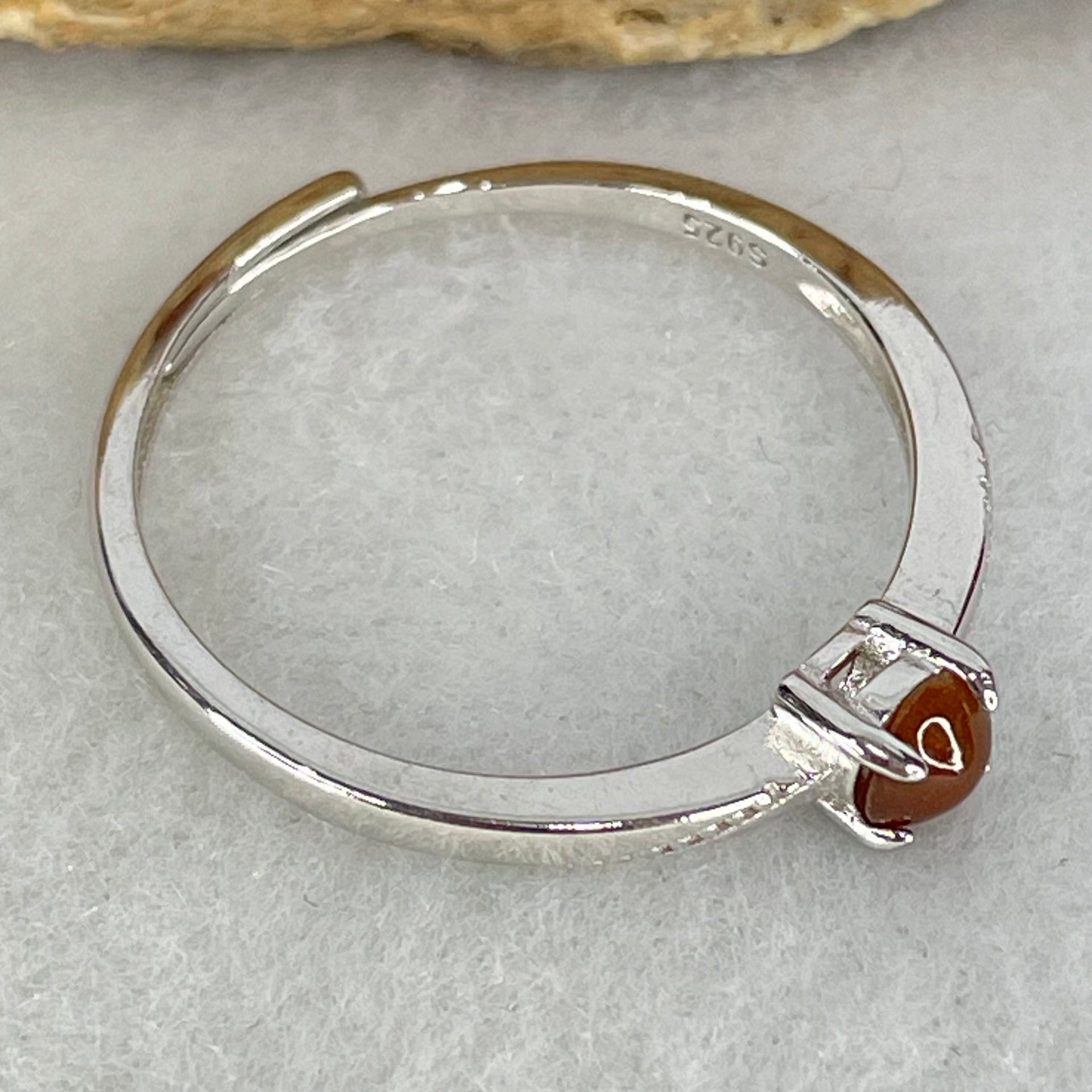 Type A Red Cabochon Jadeite in S925 Sliver Ring (Adjustable Size) 1.10g 3.4 by 2.0mm - Huangs Jadeite and Jewelry Pte Ltd