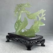 Natural Green Serpentine Double Magpies Birds on Mountain with Flower on Vase with Wooden Stand Display 553.8g 180.0 by 95.0 by 170.0mm - Huangs Jadeite and Jewelry Pte Ltd