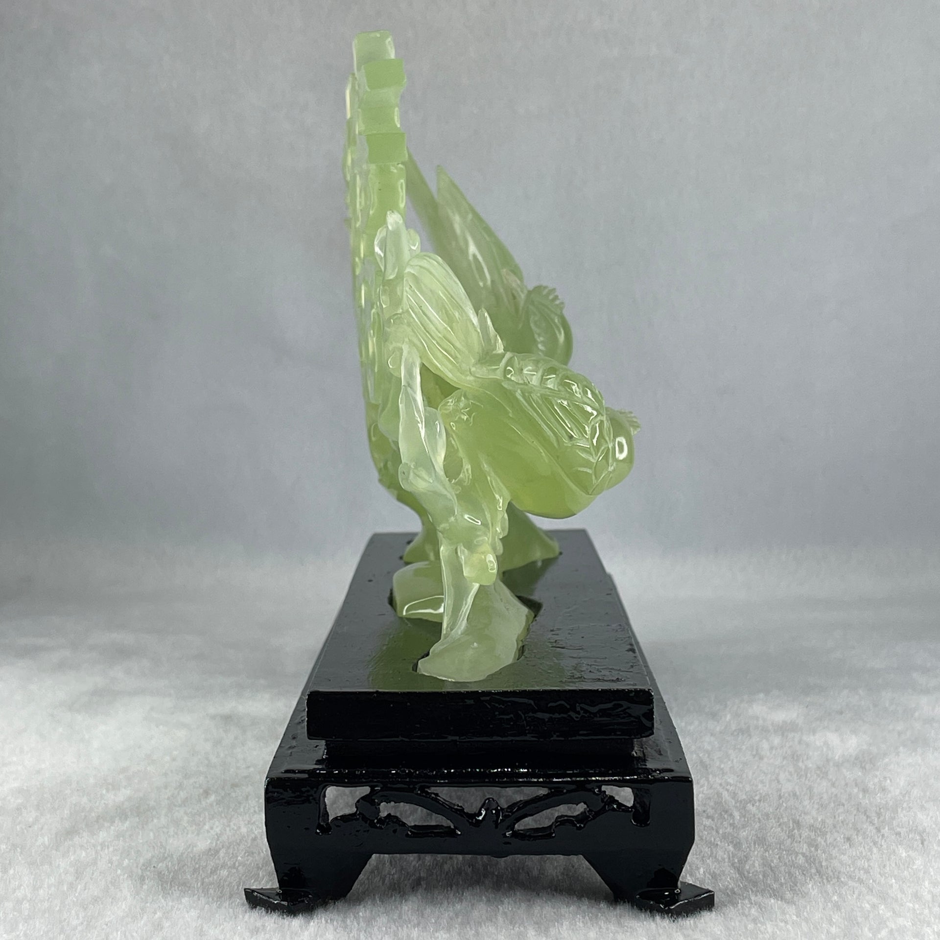 Natural Green Serpentine 囍 Double Happiness Love Birds with Flower with Wooden Stand Display 469.1g 192.0 by 138.0 by 68.0mm - Huangs Jadeite and Jewelry Pte Ltd