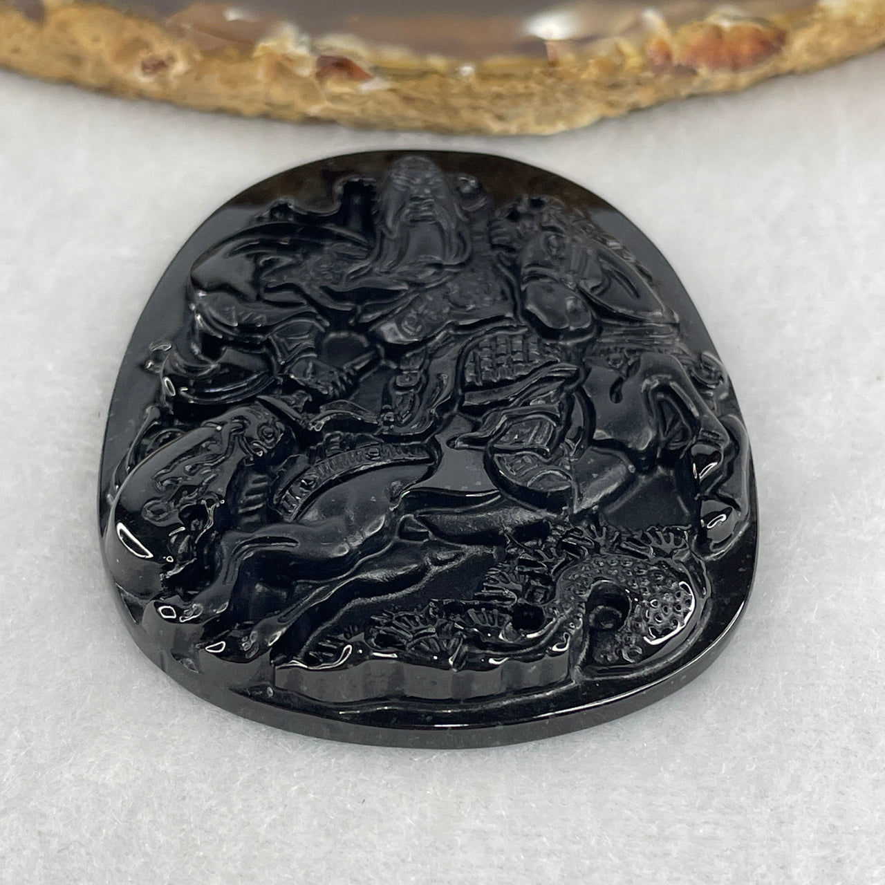 Certified Type A Opaque Black Omphacite Jadeite Guan Gong on Champion Stallion Pendant | 60mm Natural Black Jade Martial God of Wealth & Victory Talisman (28.83g | 60.3 x 46.9 x 8.0mm)