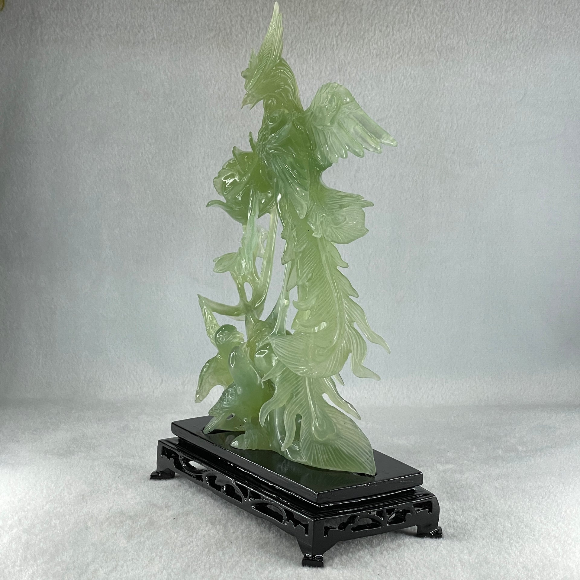 Natural Icy Light Green Serpentine Phoenix on Tree with Twin Birds and Flower with Wooden Stand Display 710.1g 169.0 by 262.0 by 84.0mm - Huangs Jadeite and Jewelry Pte Ltd