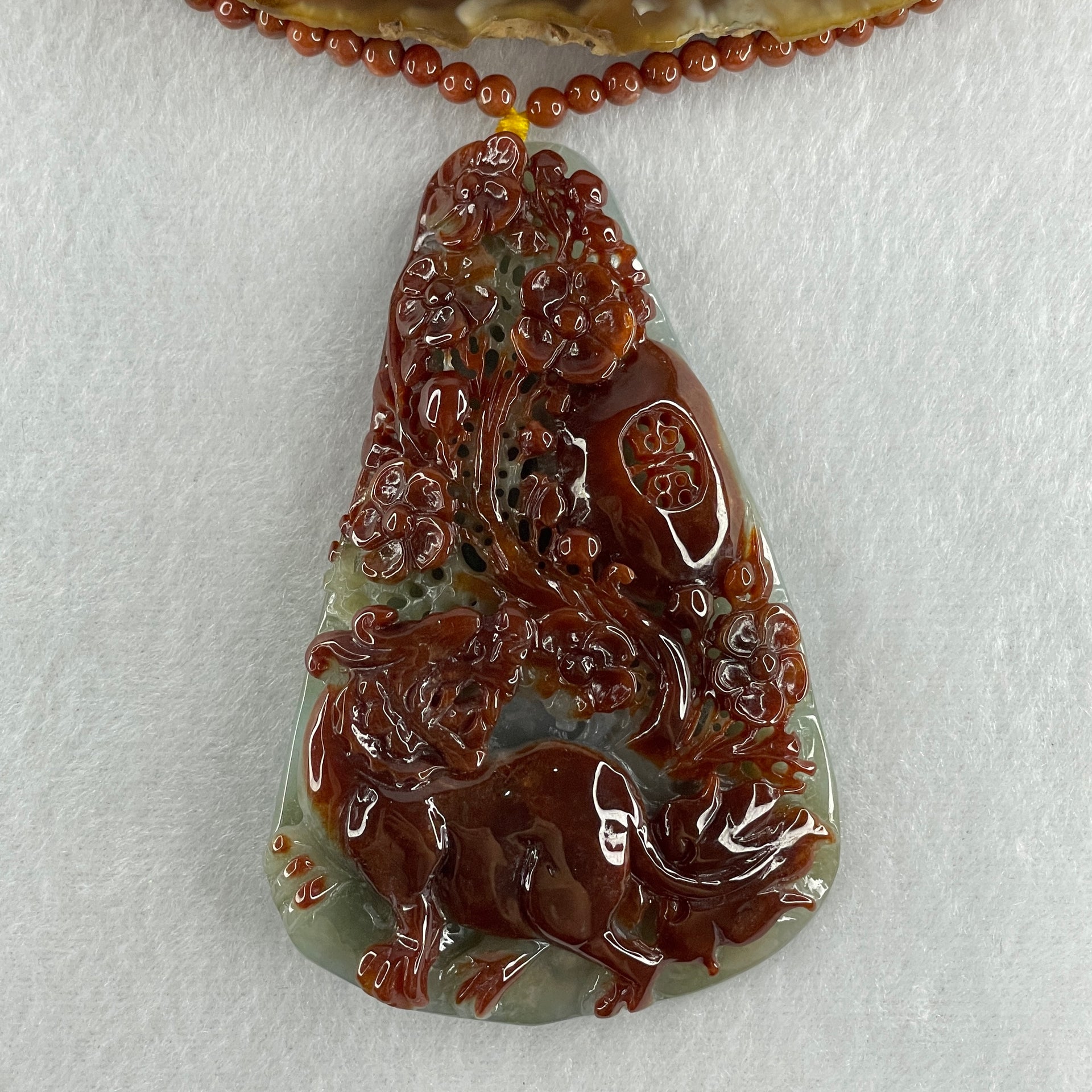 Grand Master Type A Brownish Red with Green Jadeite Tiger with Flower Double Side Pendant 117.50g 84.0 by 54.6 by 16.9mm - Huangs Jadeite and Jewelry Pte Ltd