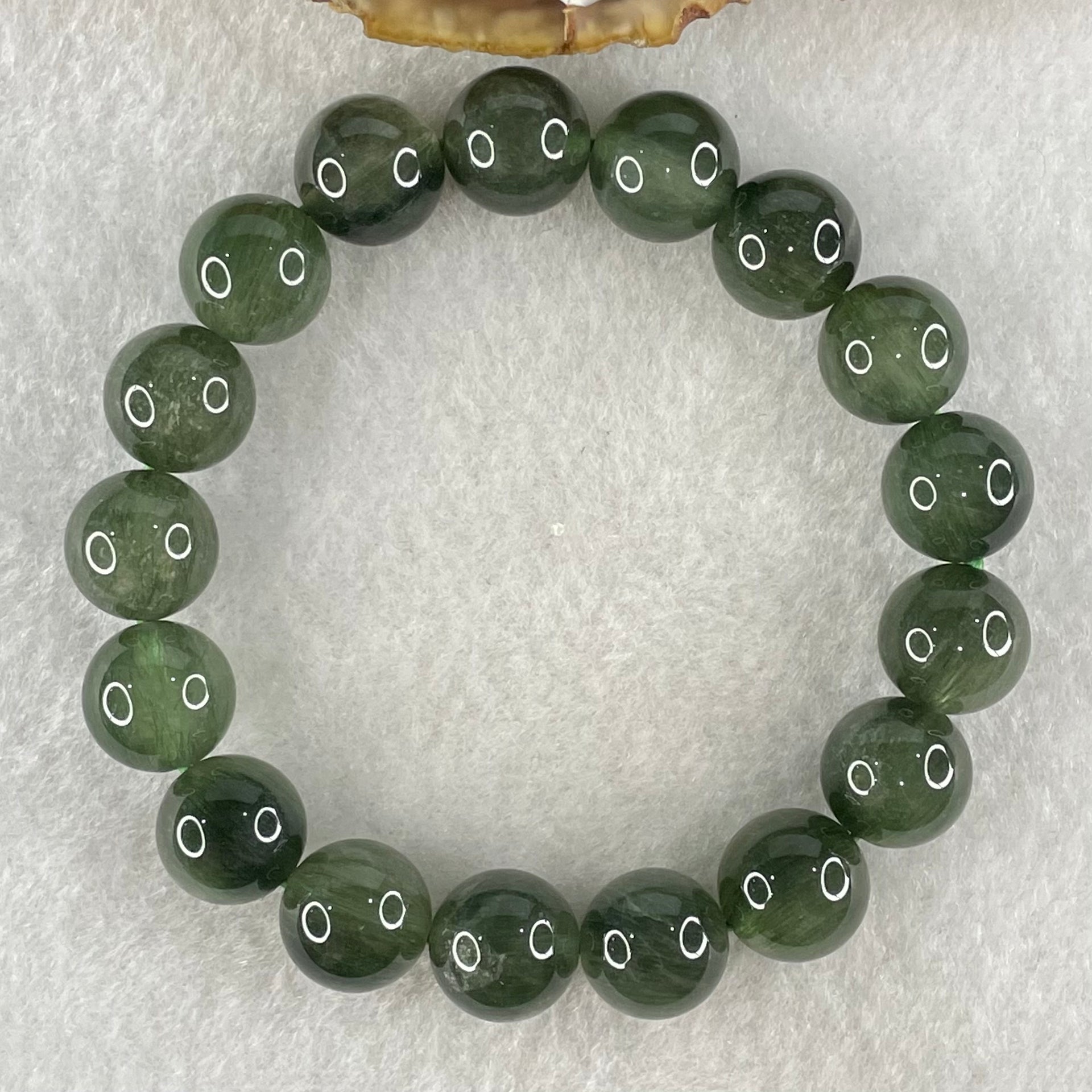 Good Grade Natural Cats Eye Green Rutilated Quartz Beads Bracelet 37.68g 17cm 11.7mm 17 Beads - Huangs Jadeite and Jewelry Pte Ltd