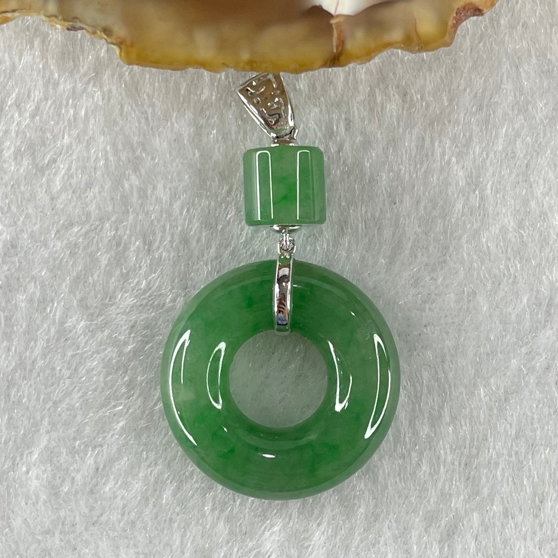 Type A Blueish Green Jadeite Ping An Kou Donut 18.5 by 4.9mm Lulu Tong 5.9 by 6.2mm in 18k White Gold Pendant 3.83g - Huangs Jadeite and Jewelry Pte Ltd