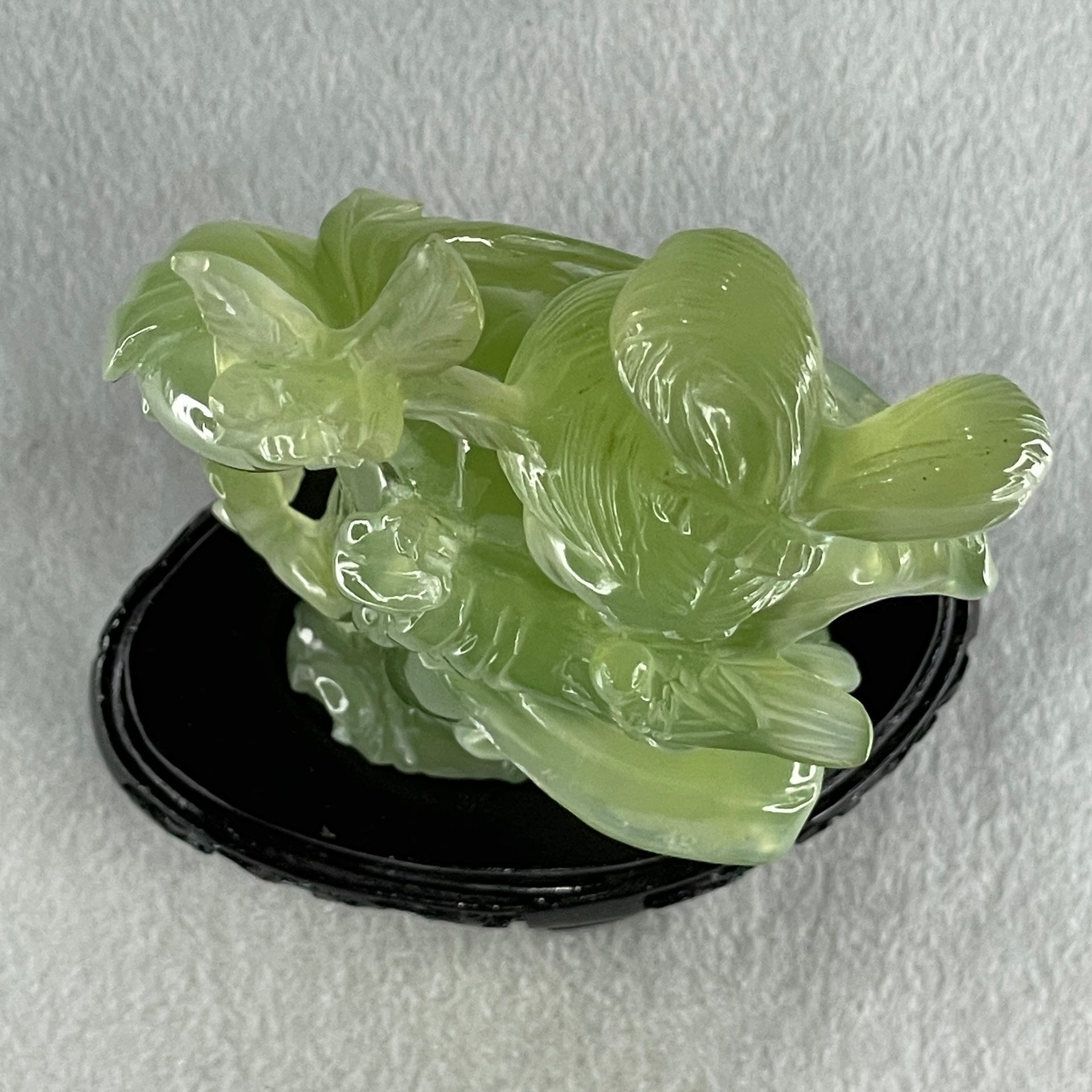 Natural Green Serpentine Fairy with Bird and Flower with Wooden Stand Display 697.8g 118.0 by 257.0 by 75.0mm - Huangs Jadeite and Jewelry Pte Ltd