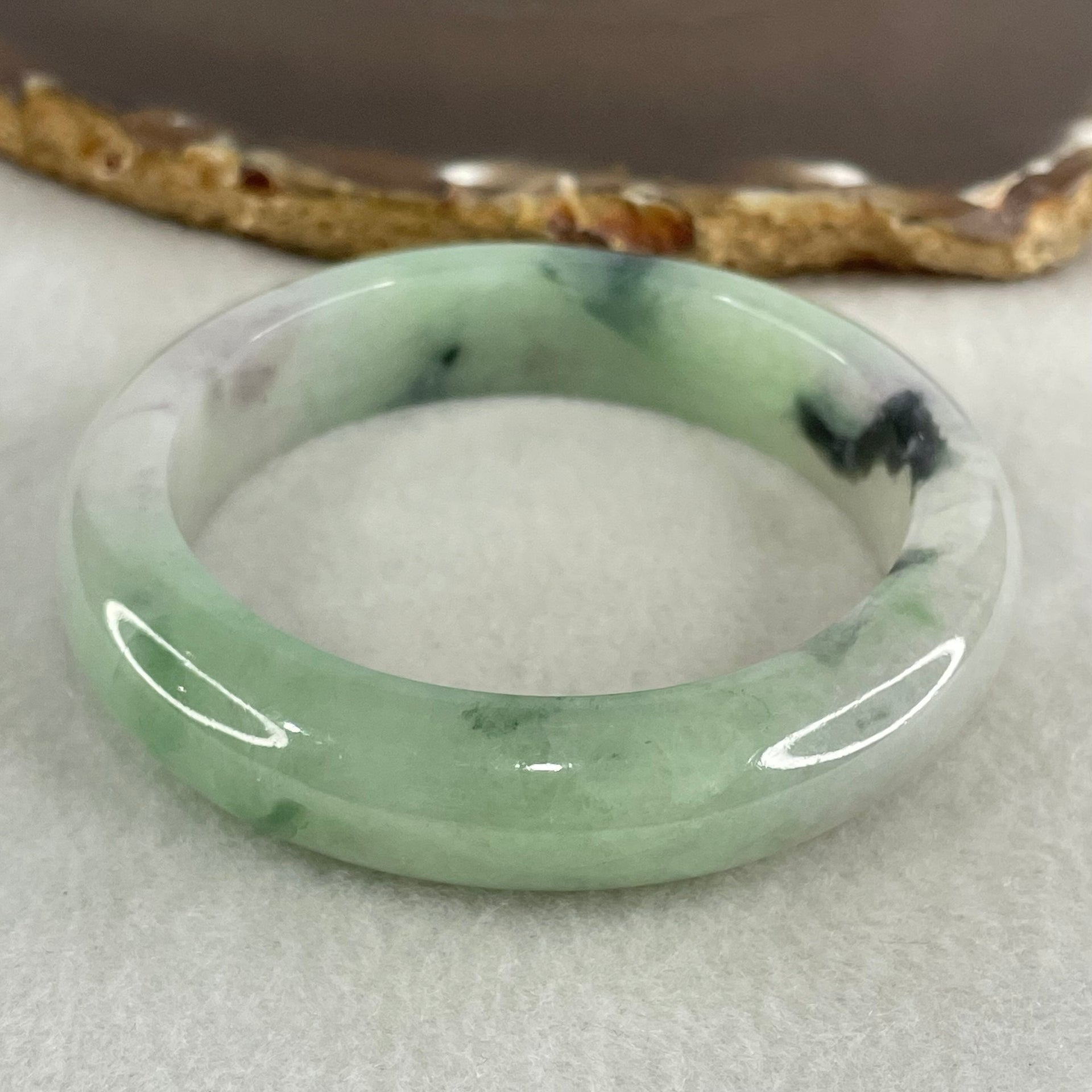 Type A Green Lavender with Dark Green Piao Hua Jadeite Bangle 58.88g Internal Diameter 52.7mm 12.9 by 8.7mm (Internal Lines with External Rough, Burnt) - Huangs Jadeite and Jewelry Pte Ltd