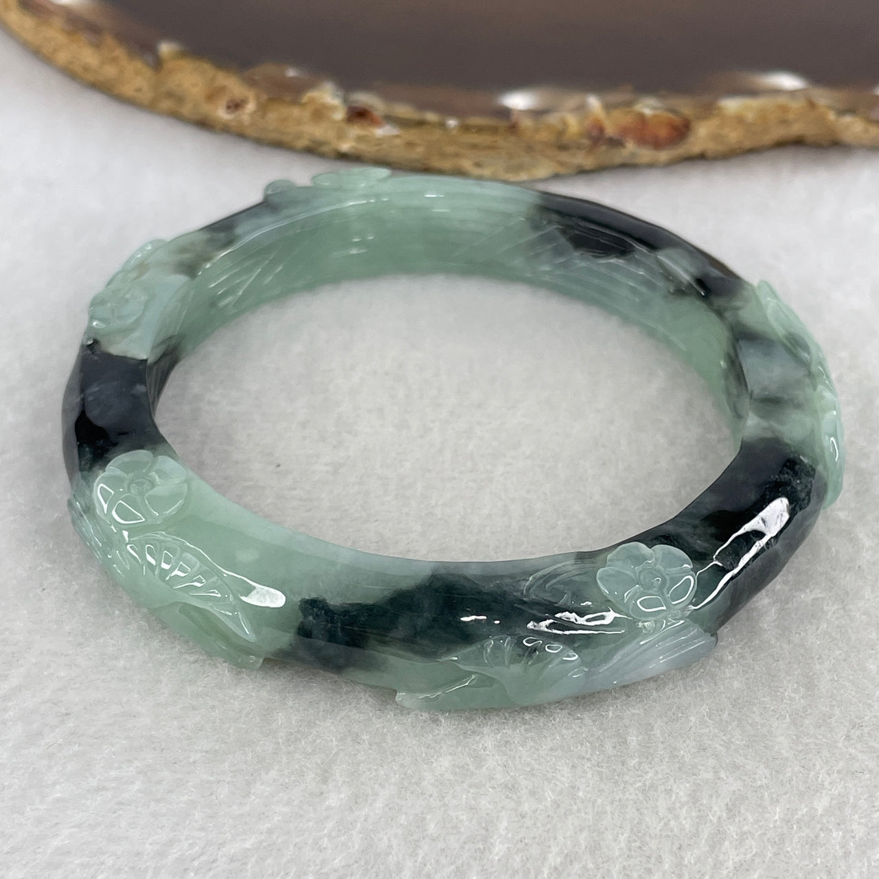 Natural Type A Partial Translucent Jadeite Carved Bangle | 56.2mm Light Blueish-Green with Deep Dark Green Patches | Master-Sculpted "Twin Birds & Flowers" Round Wrist Heirloom 50.97g 11.1x9.8mm (Very Slight External Rough)