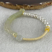 Natural Type A Semi Icy Light Green with Yellowish Jadeite Bamboo with Lotus Charm Bracelet 14.64g 15.5cm 6.18 by 7.5 by 8.2mm - Huangs Jadeite and Jewelry Pte Ltd
