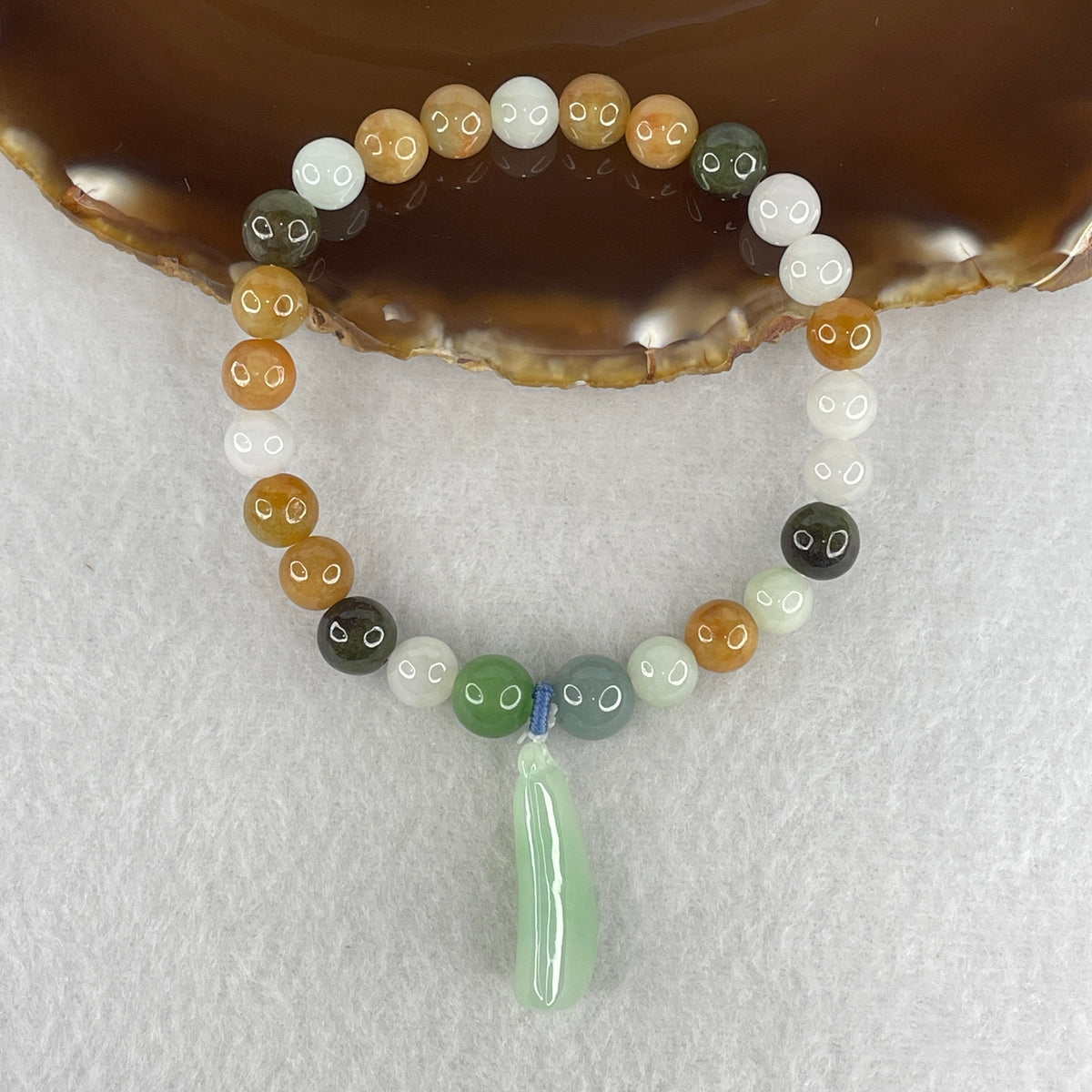 Natural Type A Brownish, White & Green Jadeite Beads Bracelet | 16cm  (21.31g | 24 Beads 7.5mm, 2 Beads 8.5mm Accents & 25.5x10.3x6.6mm Focal Charm | Grounding Stability, Heart Harmony & Earth-Wood Abundance)