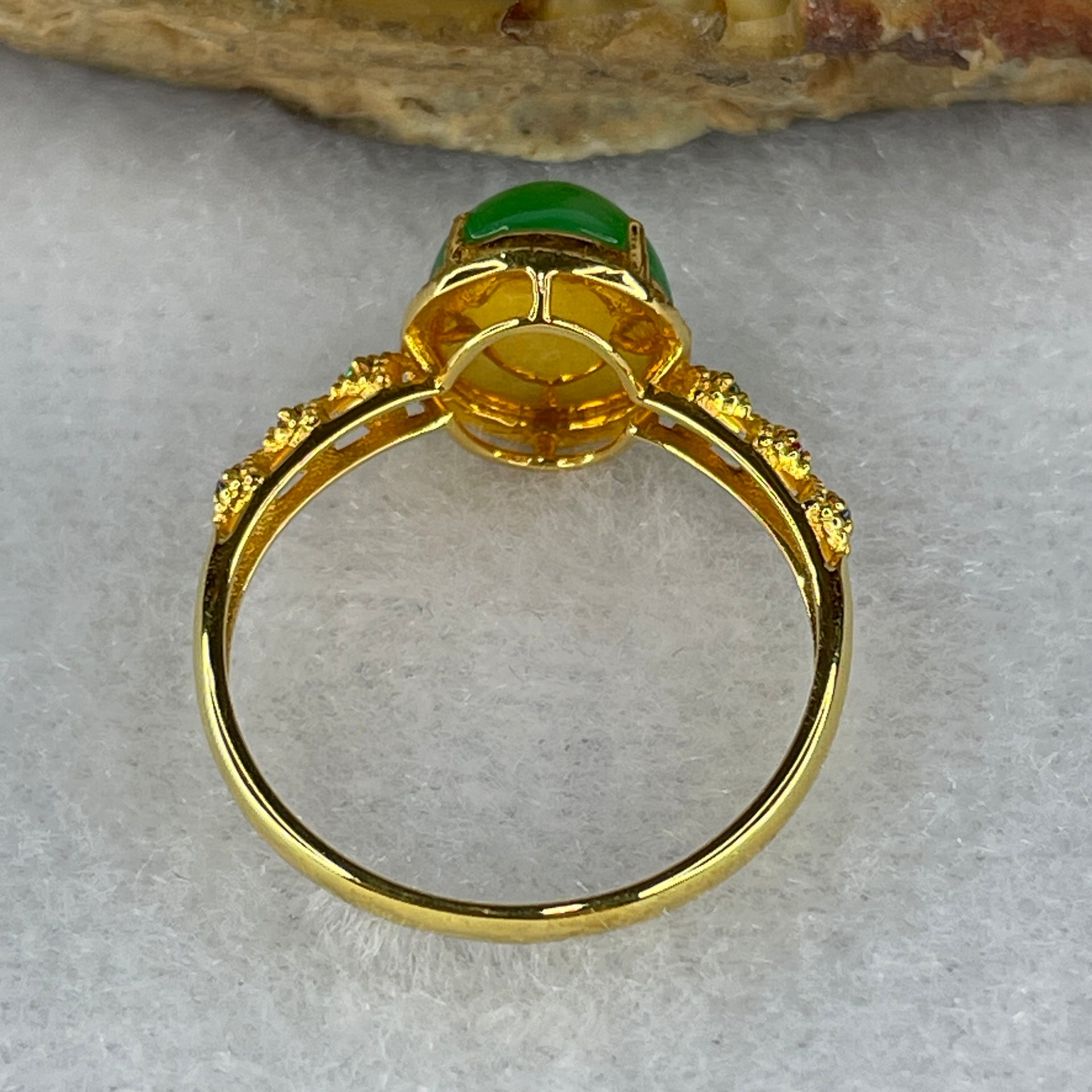 Type A Green Burmese Feng Shui Jade jadeite ring in 18k yellow gold & natural diamonds 2.05g US 7 HK 14 - Huangs Jadeite and Jewelry Pte Ltd