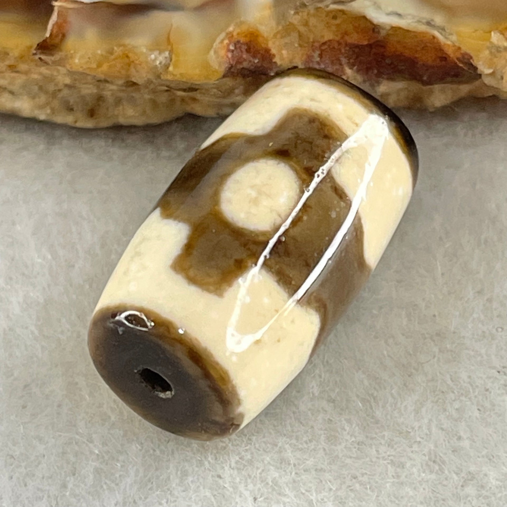 Natural Powerful Tibetan Old Oily Agate 3 Eyes Dzi Bead Heavenly Master (Tian Zhu) 三眼天诛 3.66g 18.7 by 10.7mm - Huangs Jadeite and Jewelry Pte Ltd