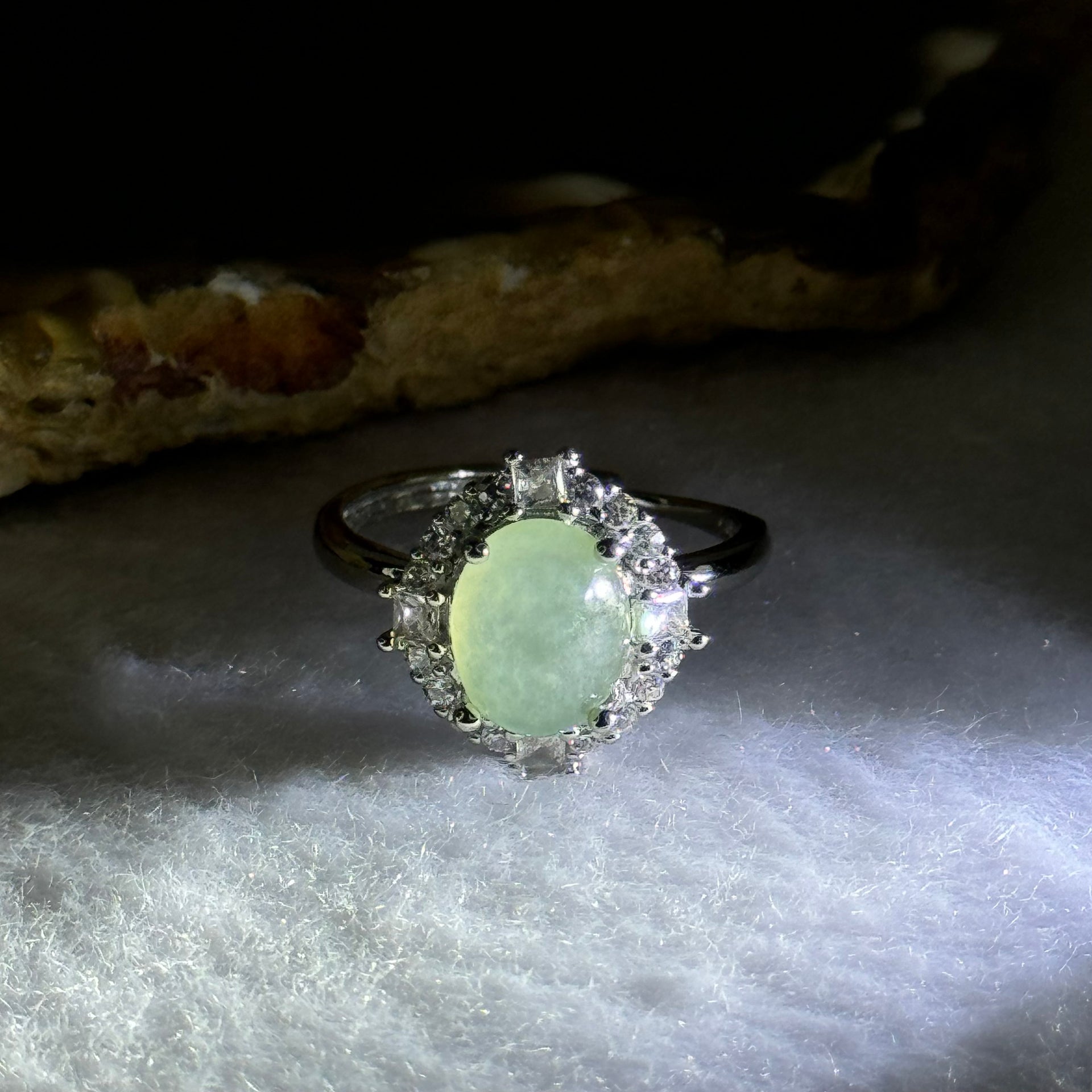 Type A Semi Icy Light Green Jadeite with Crystals in S925 Sliver Ring (Adjustable Size) 2.86g 9.3 by 7.4 by 5.0mm - Huangs Jadeite and Jewelry Pte Ltd