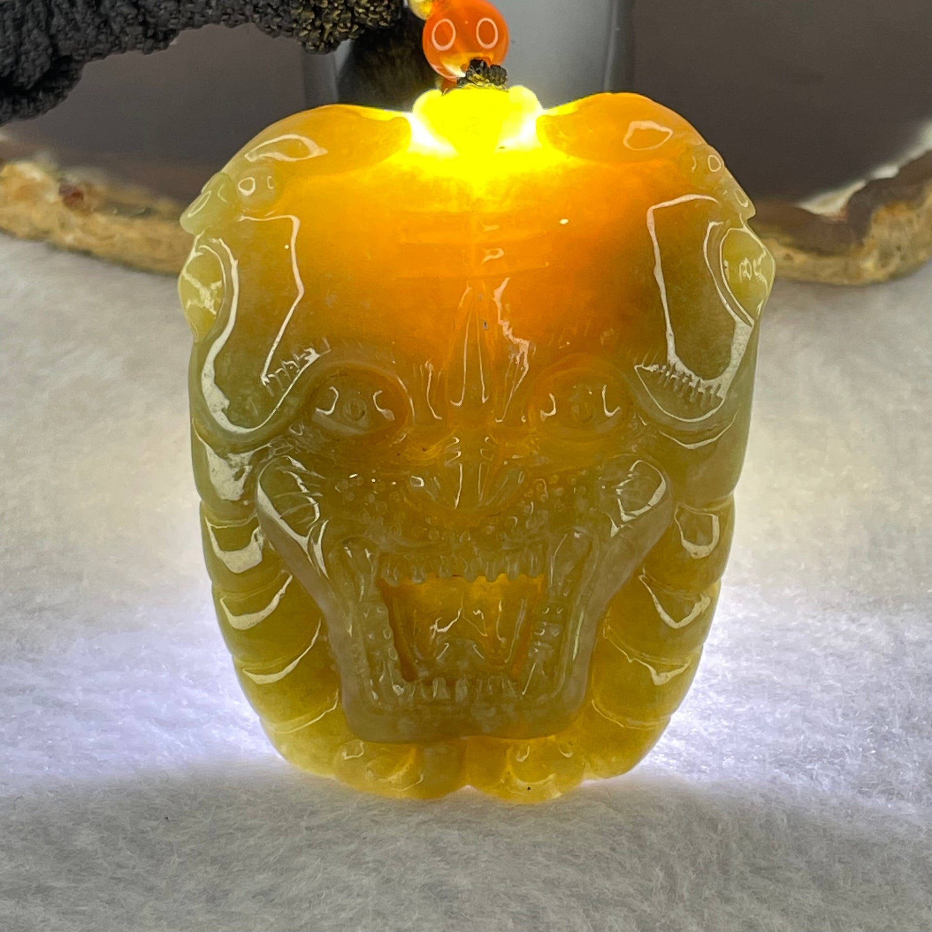 Type A Yellowish Brown Jadeite Tiger Head Pendent 48.59g 49.3 by 42.1 by 12.0mm - Huangs Jadeite and Jewelry Pte Ltd