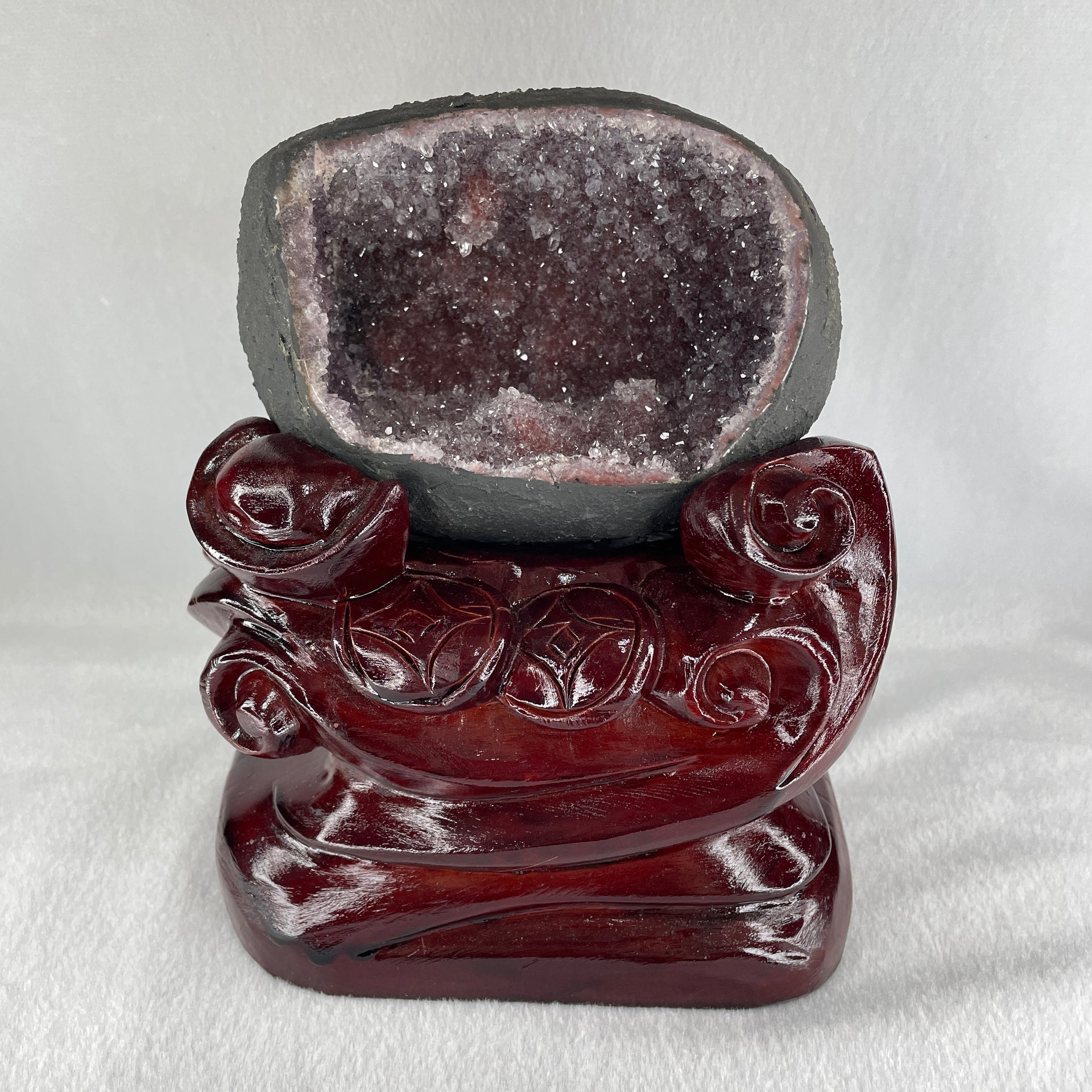Natural Amethyst Cave with Wooden Stand 2,387.0g 153.2 by 143.7 by 165.0mm - Huangs Jadeite and Jewelry Pte Ltd