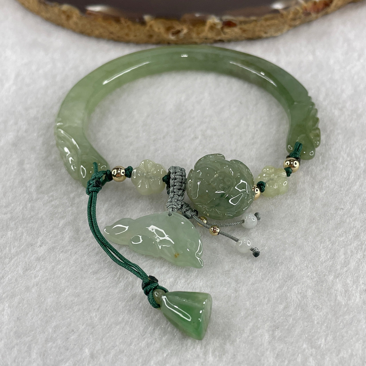 Natural Type A Jelly Green Jadeite Double Dragon Head with Lotus Flower and Dolphin Charm Bracelet 29.84g 17cm 6.5 by 9.4mm - Flower 16.5 by 6.3mm