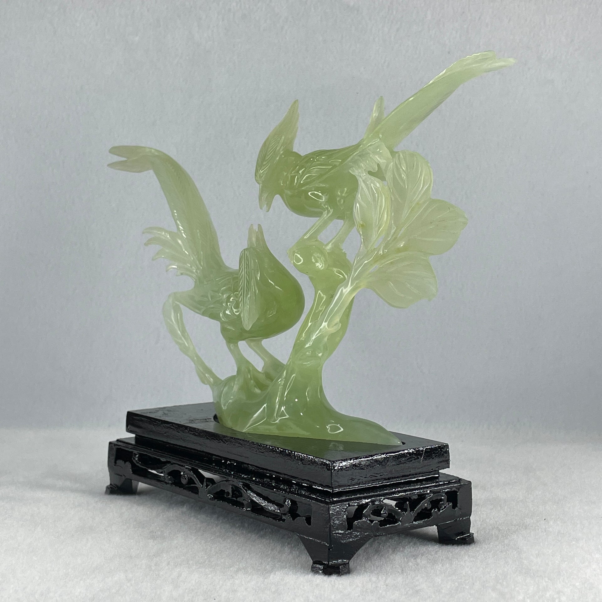 Natural Green Serpentine Double Phoenix with Wooden Stand Display 411.1g 25.0 by 70.0 by 170.0mm - Huangs Jadeite and Jewelry Pte Ltd