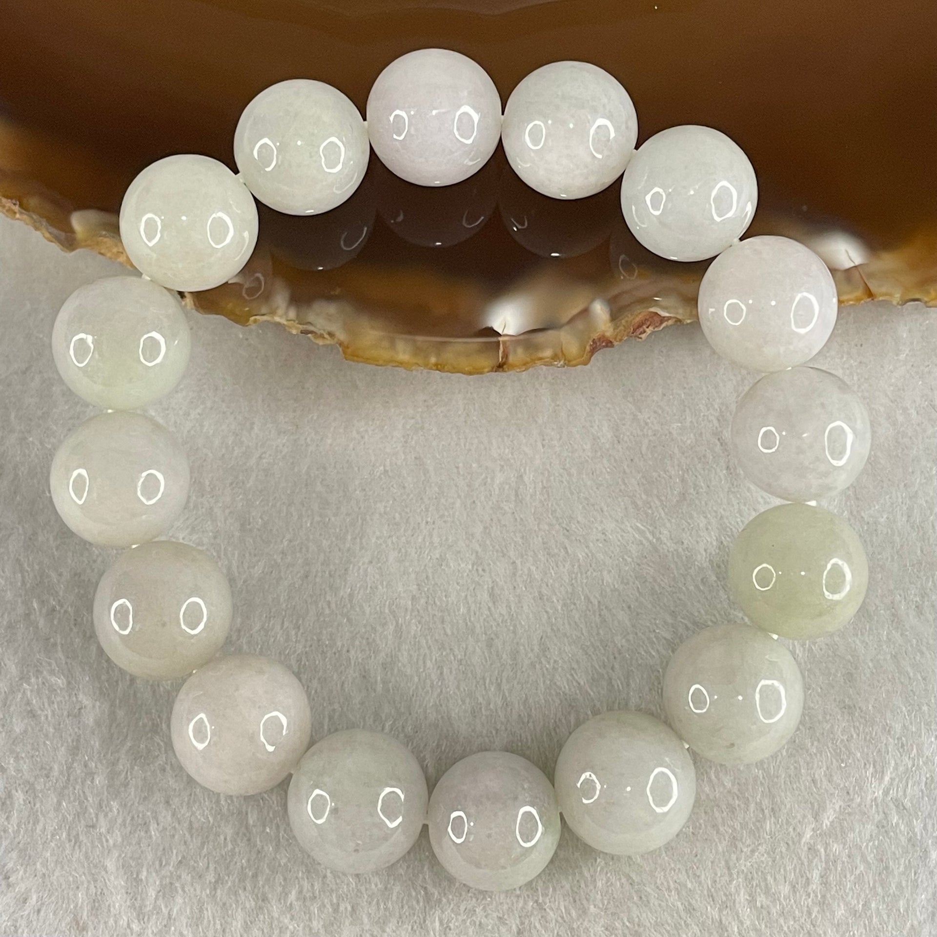 Type A Light Green with Slight Light Lavender Jadeite Beads Bracelet 55.30g 16cm 12.7mm 16 Beads - Huangs Jadeite and Jewelry Pte Ltd