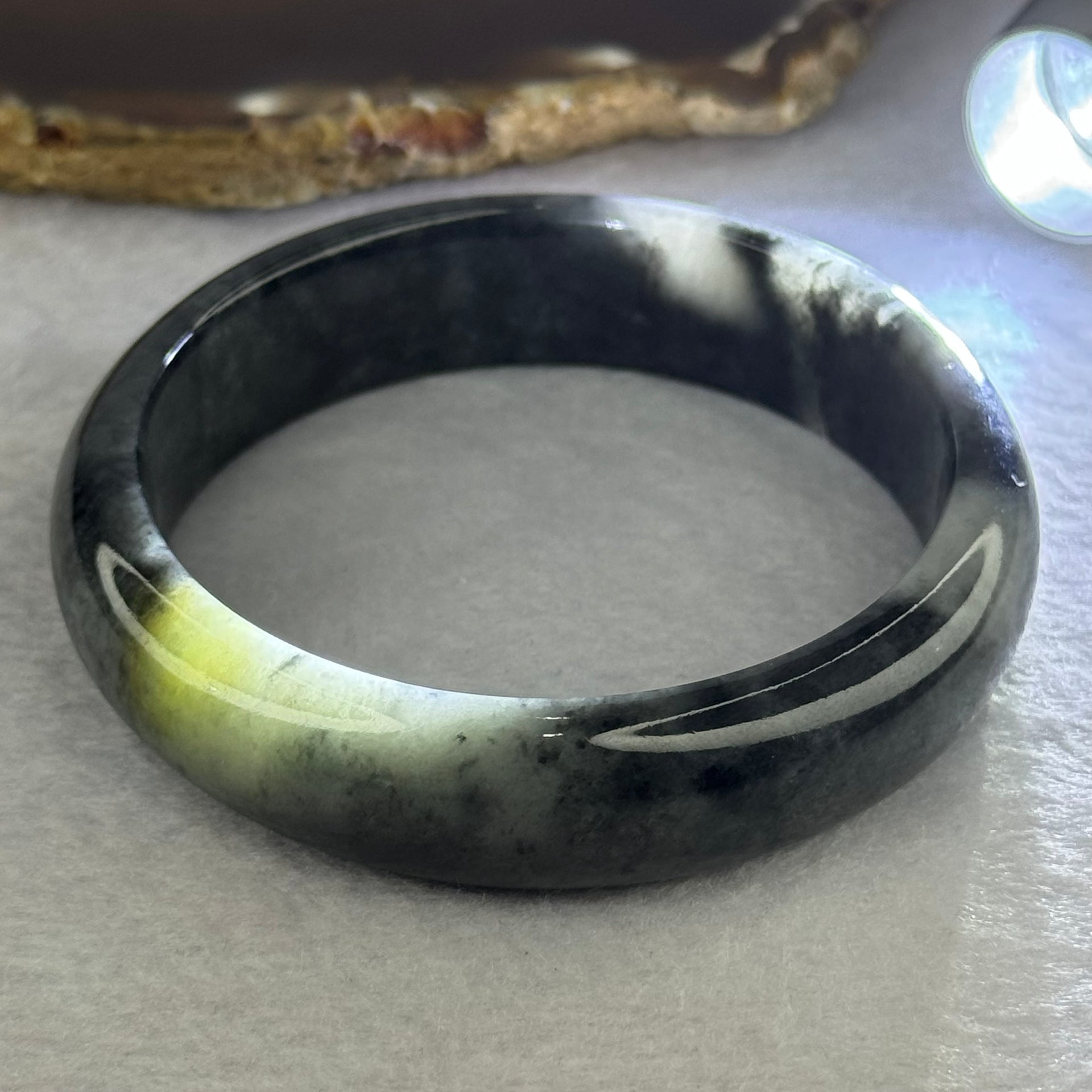 Type A Wuji Black Grey and Yellow Jadeite Bangle 72.74g Internal Diameter 60.5mm 16.4 by 8.1mm (Close to Perfect) - Huangs Jadeite and Jewelry Pte Ltd