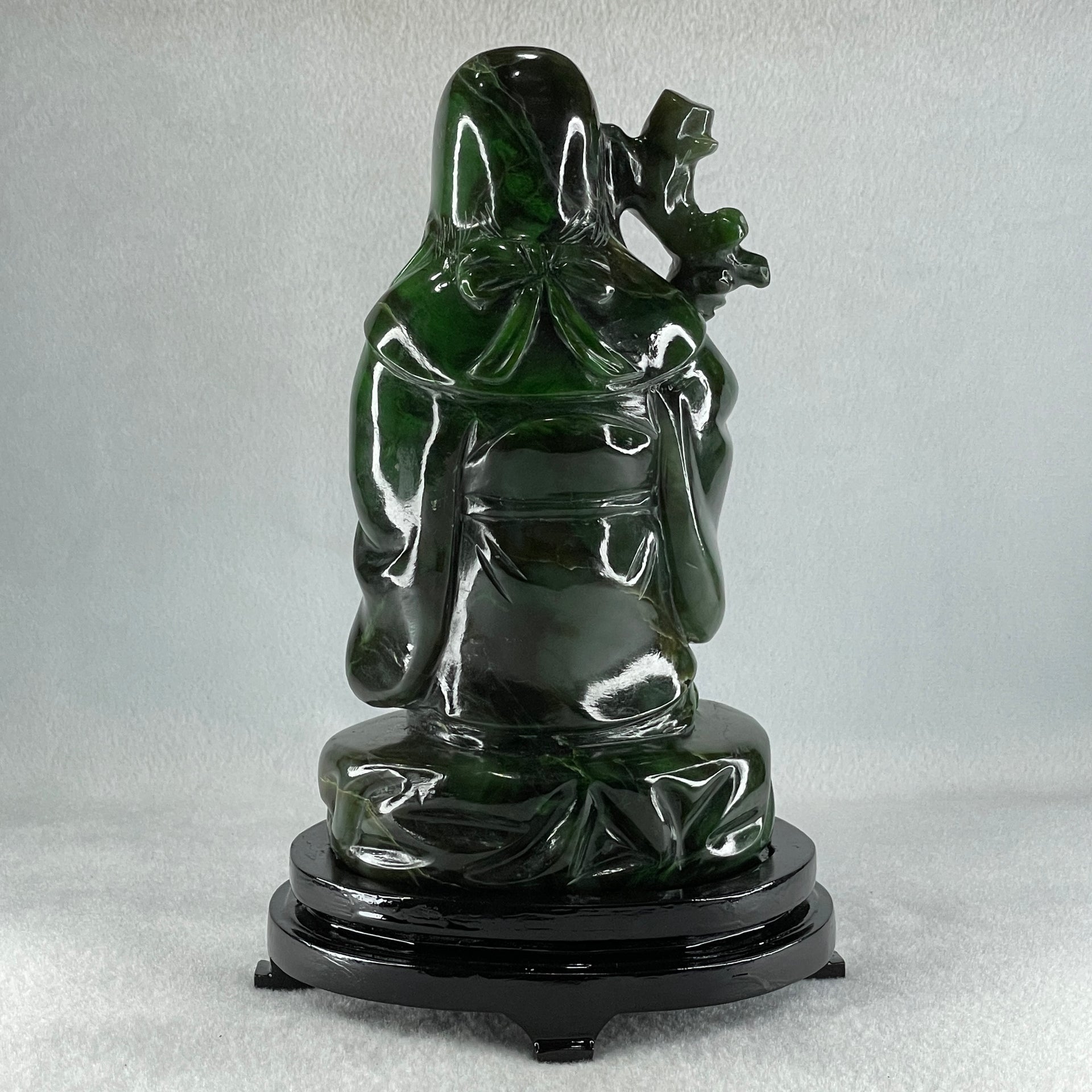 Natural Dark Green Serpentine Shou Xing Gong with Wooden Stand Display 2,374.7g 140.0 by 228.0 by 125.0mm - Huangs Jadeite and Jewelry Pte Ltd