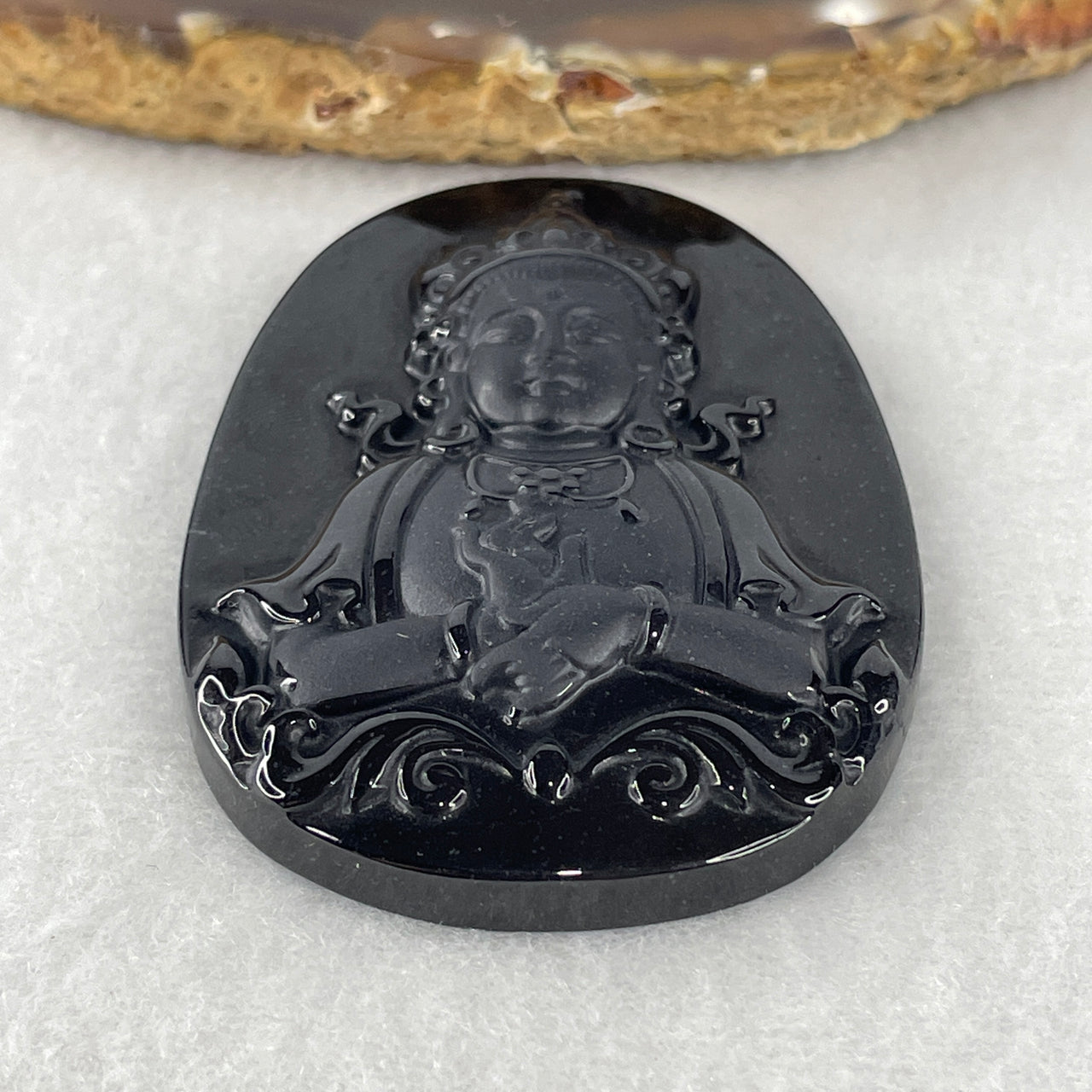 Certified Type A Opaque Black Omphacite Jadeite Mahasthamaprapta Bodhisattva Pendant | Great Strength & Horse Zodiac Amulet (24.46g | 59.9 x 41.1 x 8.7mm)