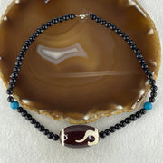 Natural Powerful Tibetan Old Oily Agate Ruyi Dzi Beads with Black and Blue Onyx Necklace 44.06g 38cm 36.6 by 21.4mm - Huangs Jadeite and Jewelry Pte Ltd