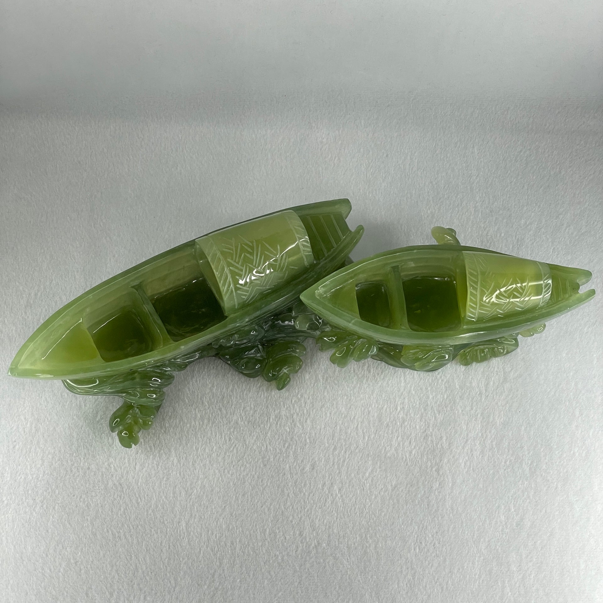 Natural Semi Icy Green Serpentine Double Boats Display 1,692.9g 287.0 by 121.0 by 130.0mm - Huangs Jadeite and Jewelry Pte Ltd