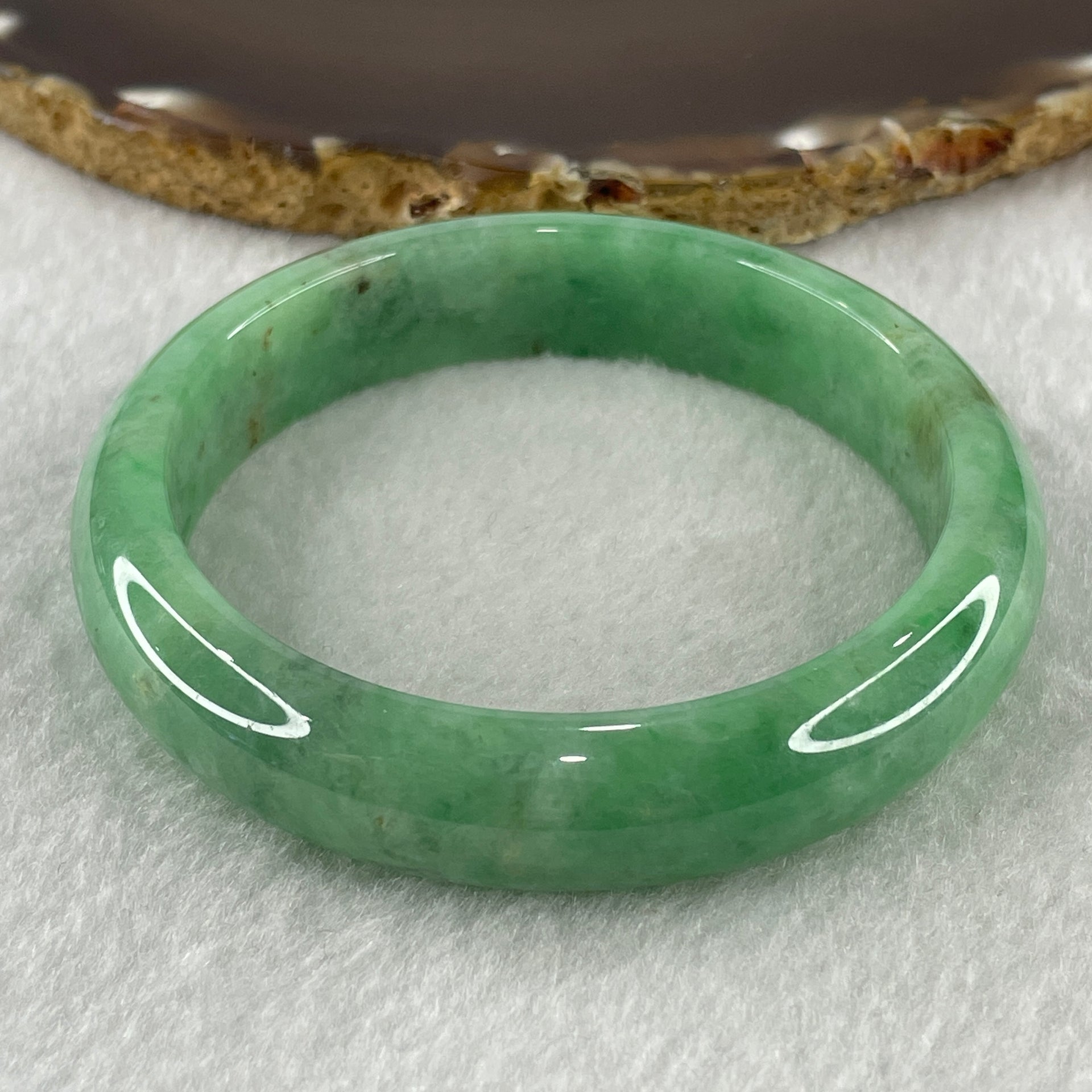Certified Natural Type A Bright Green with Emerald Green and Brownish Fluorite Piao Hua Jadeite Bangle 55.93g Internal Diameter 57.3mm 13.4 by 8.1mm ( Very Very Slight Internal Line) ( Very Very External Rough) - Huangs Jadeite and Jewelry Pte Ltd