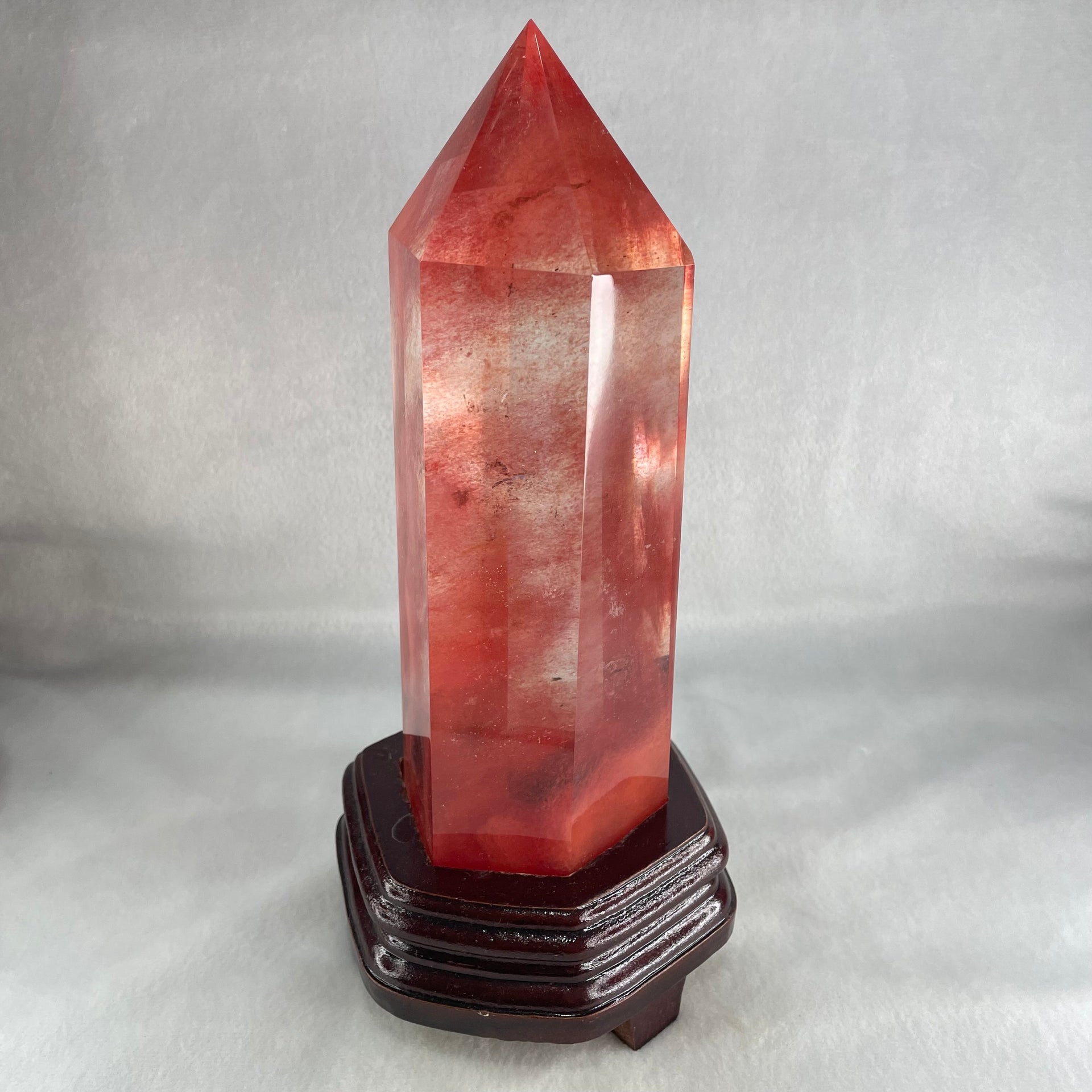 Cherry Quartz Tower with Wooden Stand Display 1733.9g 120.0 by 111.0 by 250.0mm - Huangs Jadeite and Jewelry Pte Ltd
