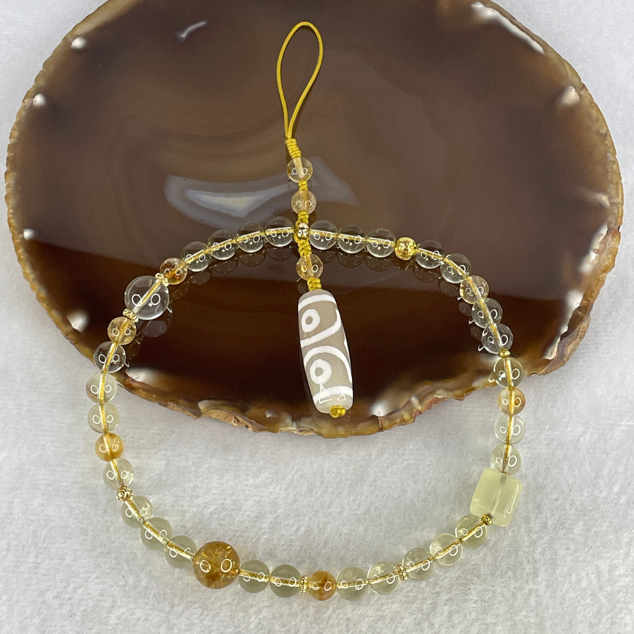Natural Citrine & Clear Quartz Luxury Phone Strap | with Authentic 3-Eye Dzi Bead  30.1x10.8mm | Graded 7.5-10.8mm Crystals | Himalayan Wealth & Protection Statement Tech Charm (33.38g)