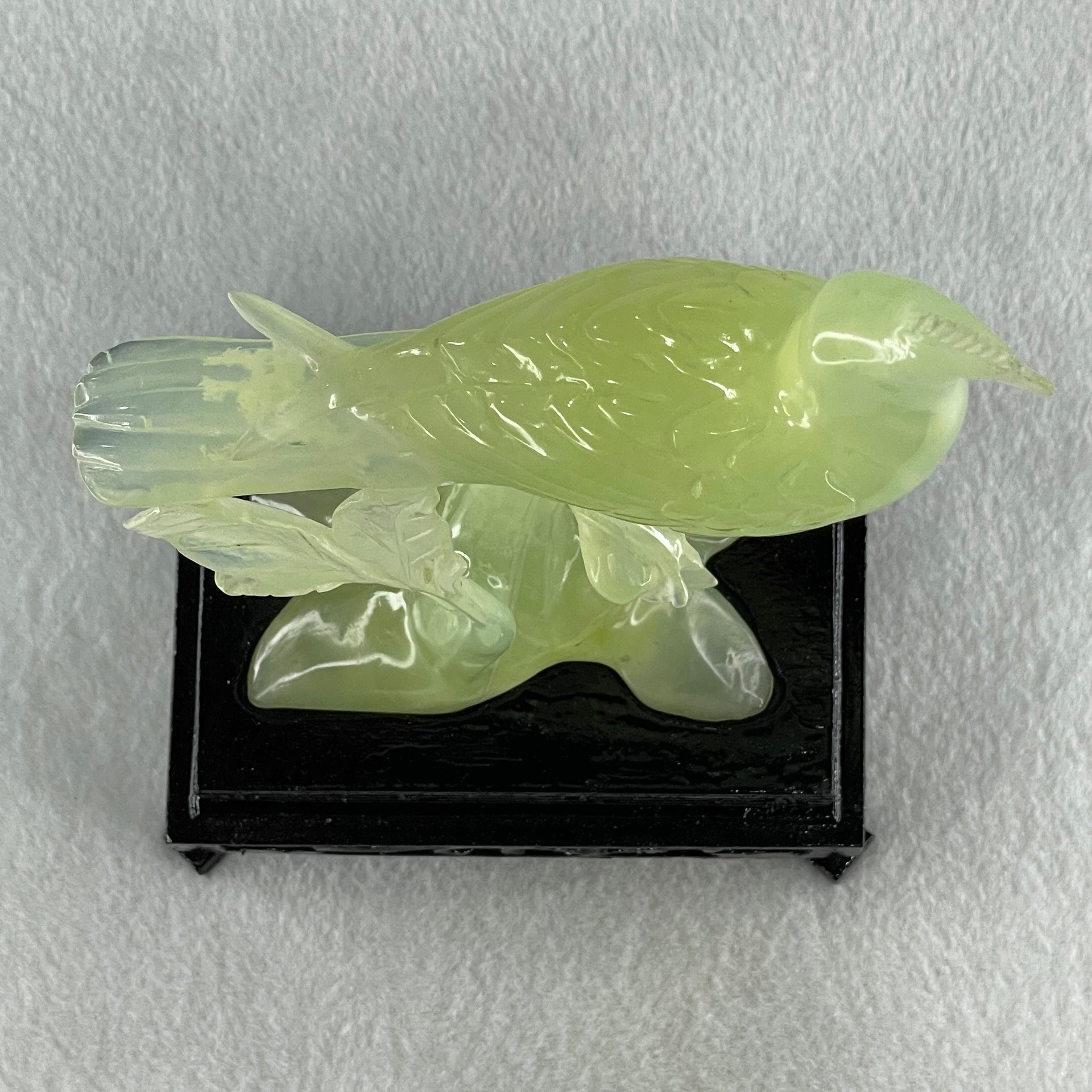 Natural Green Serpentine Javan Mynah Birds on Tree with Wooden Stand Display 338.9g 125.0 by 175.0 by 78.0mm - Huangs Jadeite and Jewelry Pte Ltd