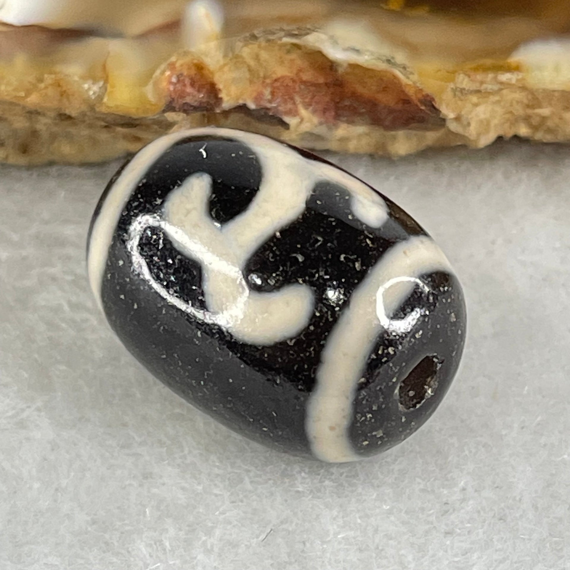 Natural Powerful Tibetan Old Oily Black White Agate Green Tara Dzi Bead Heavenly Master (Tian Zhu) 绿度母天珠 4.12g 17.4 by 12.6mm - Huangs Jadeite and Jewelry Pte Ltd