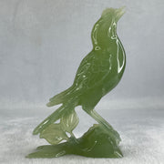 Natural Green Serpentine Javan Mynah Birds on Tree with Wooden Stand Display 353.6g 122.0 by 174.0 by 63.5mm - Huangs Jadeite and Jewelry Pte Ltd